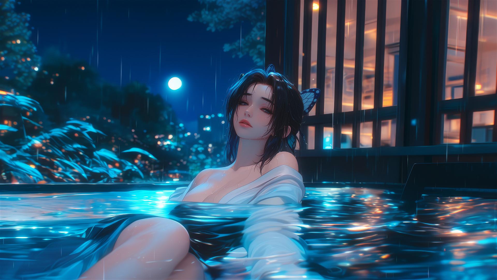 Shinobu Kocho resting in a tub under moonlight