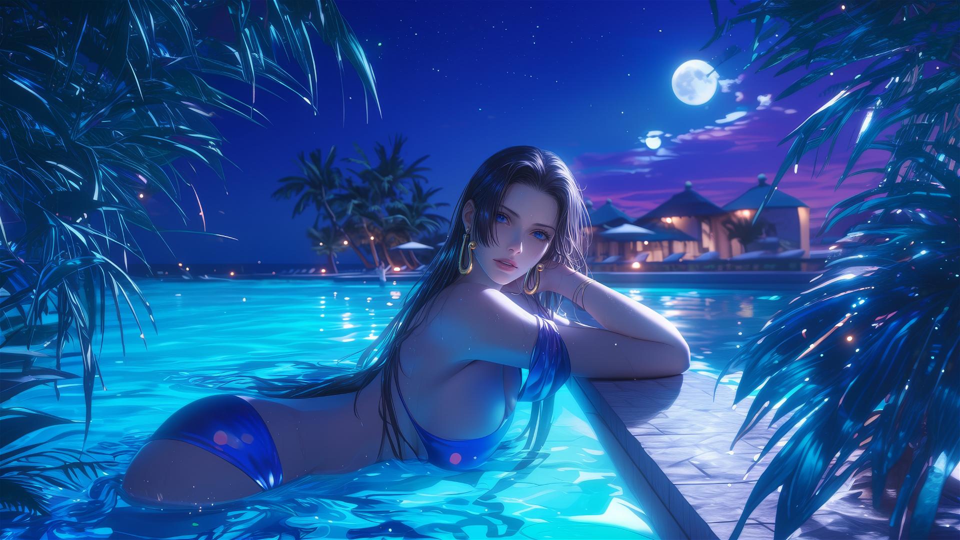 Boa Hancock resting by a moonlit pool