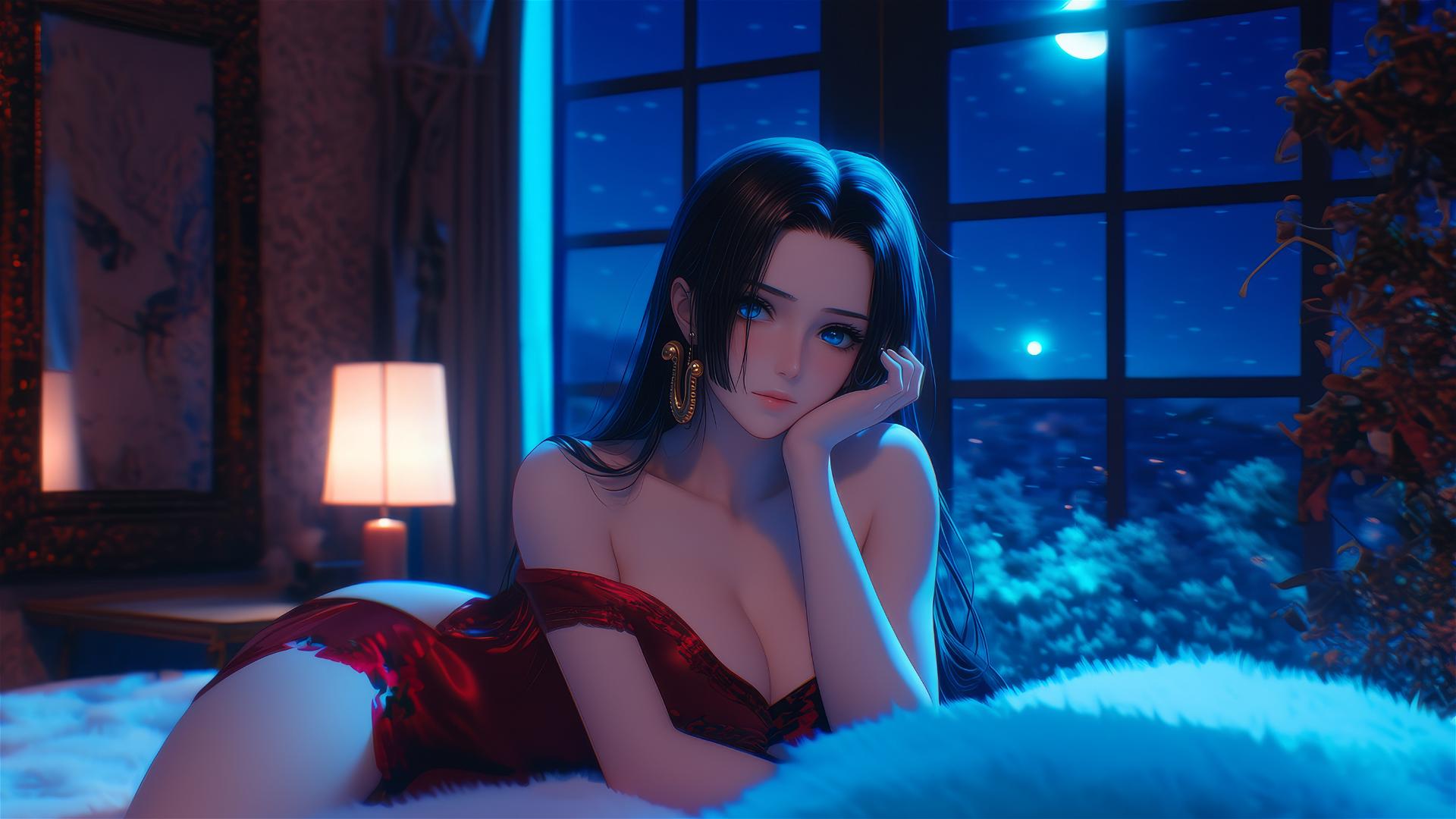 Boa Hancock resting in an apartment with moonlight glow, short hair.