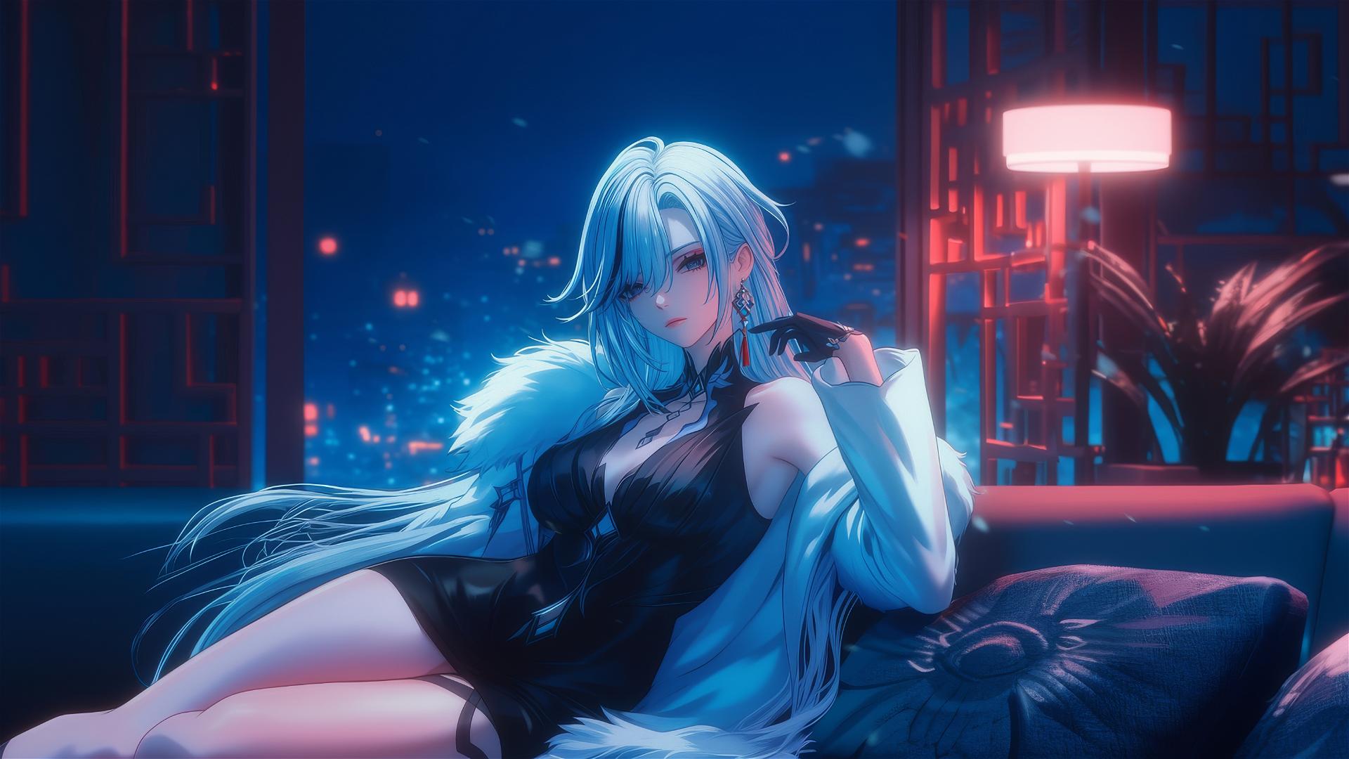 Arlecchino from Genshin Impact with snow white hair and red x-shaped pupils, resting in a moonlit modern hotel room.
