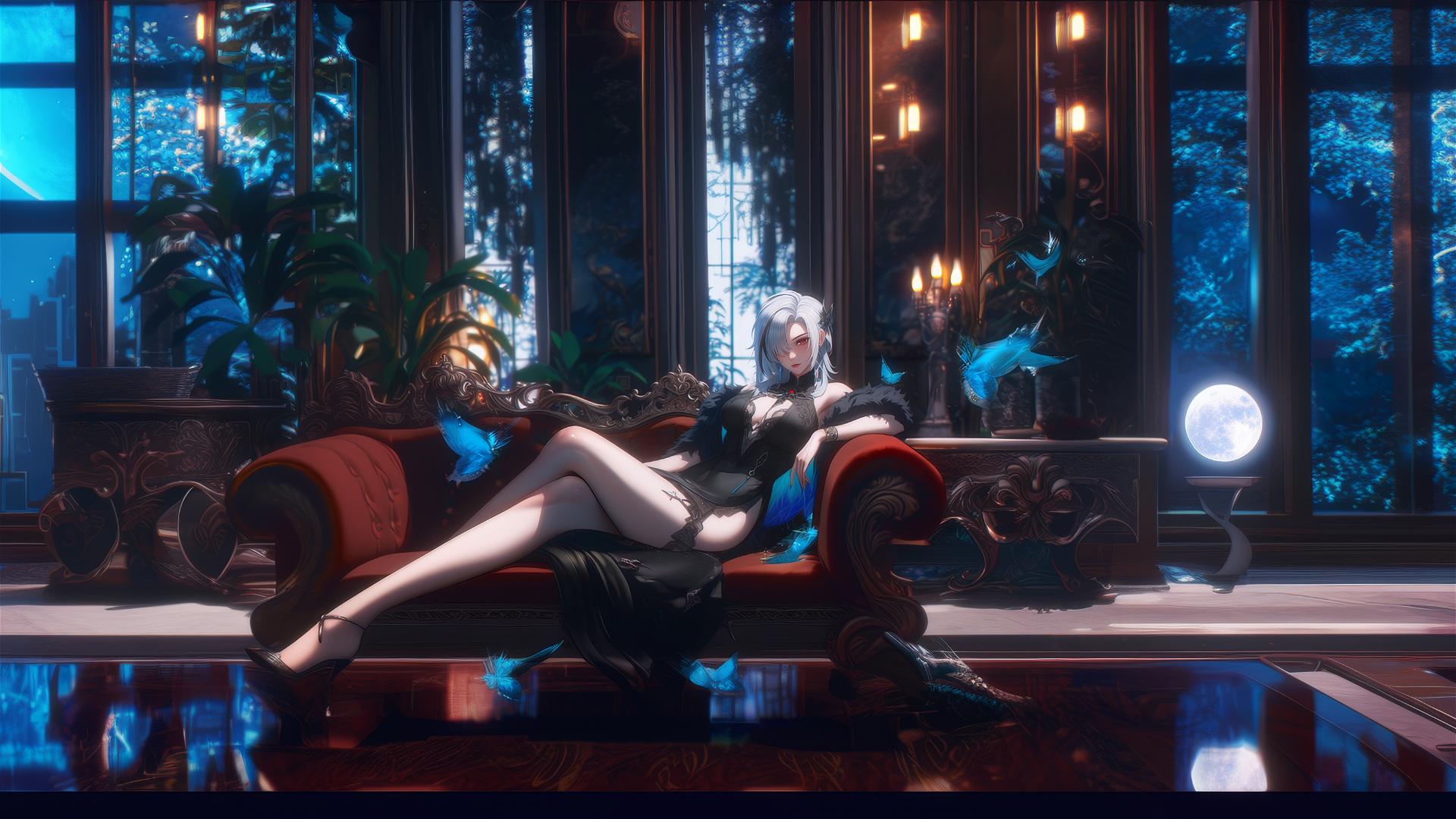 Arlecchino from Genshin Impact with snow white and black streaked hair in a modern hotel room, moonlight glow.