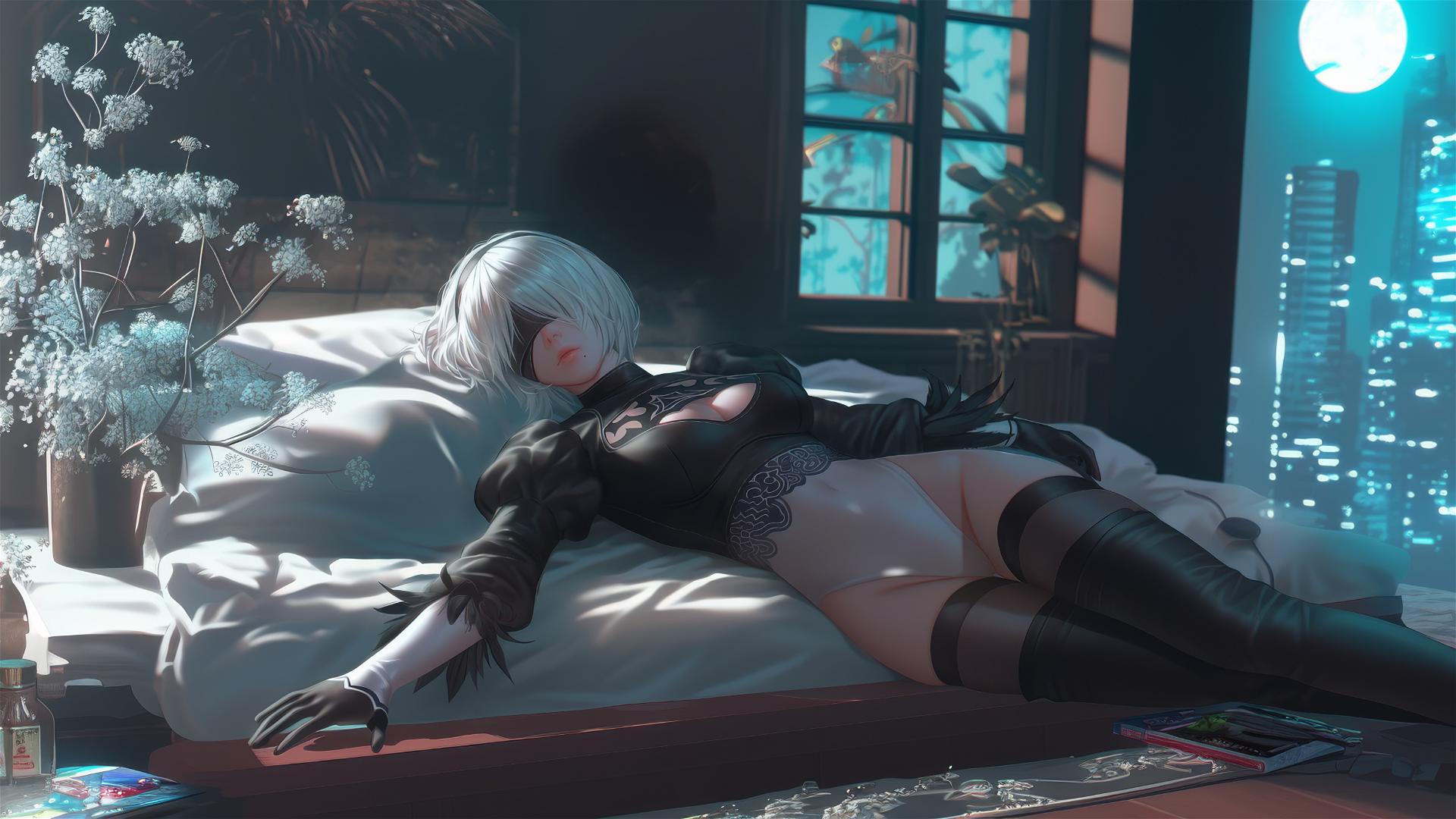 2B from Nier resting in a modern hotel room under moonlight