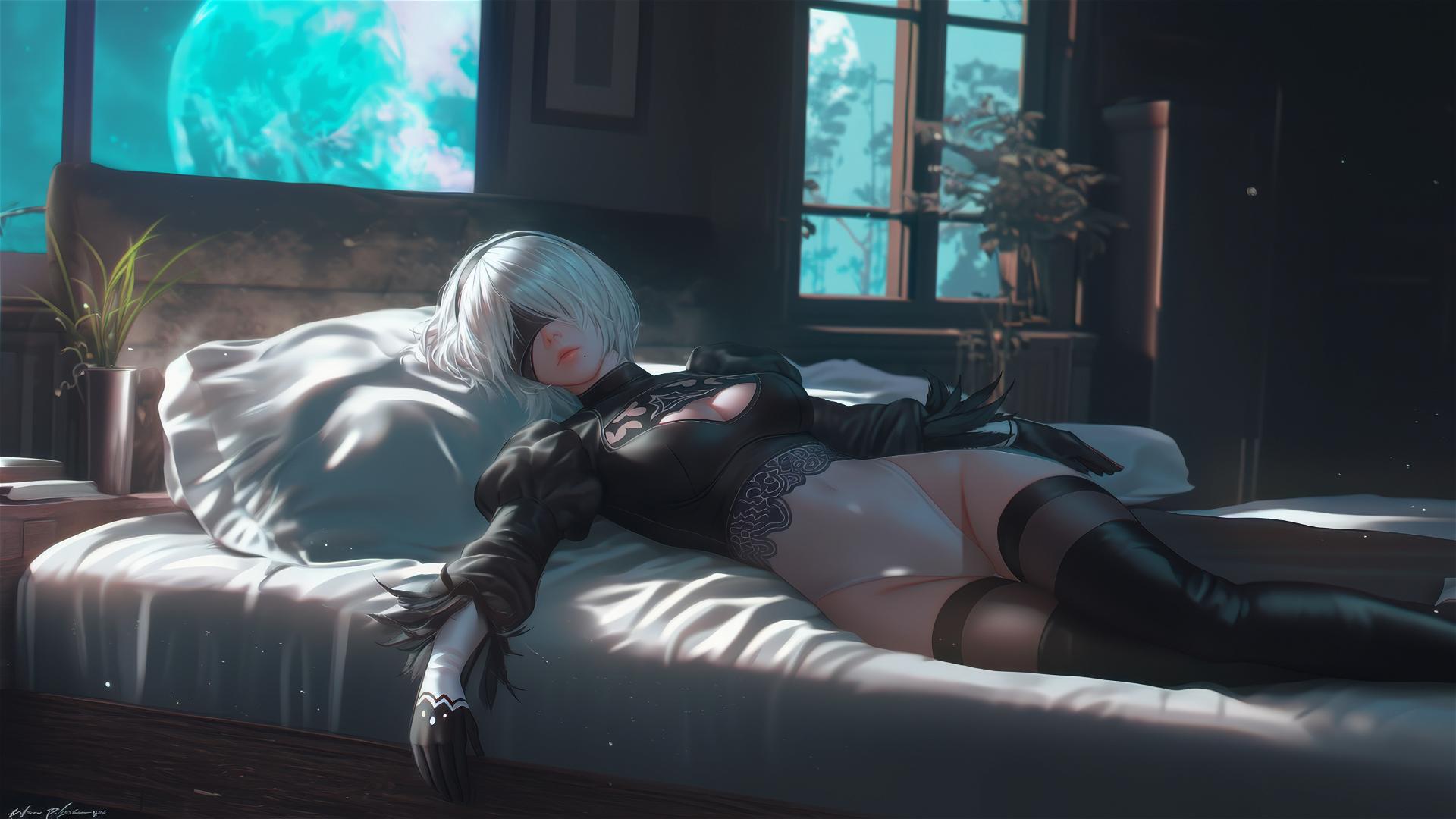 2B from Nier resting in a modern hotel room under moonlight