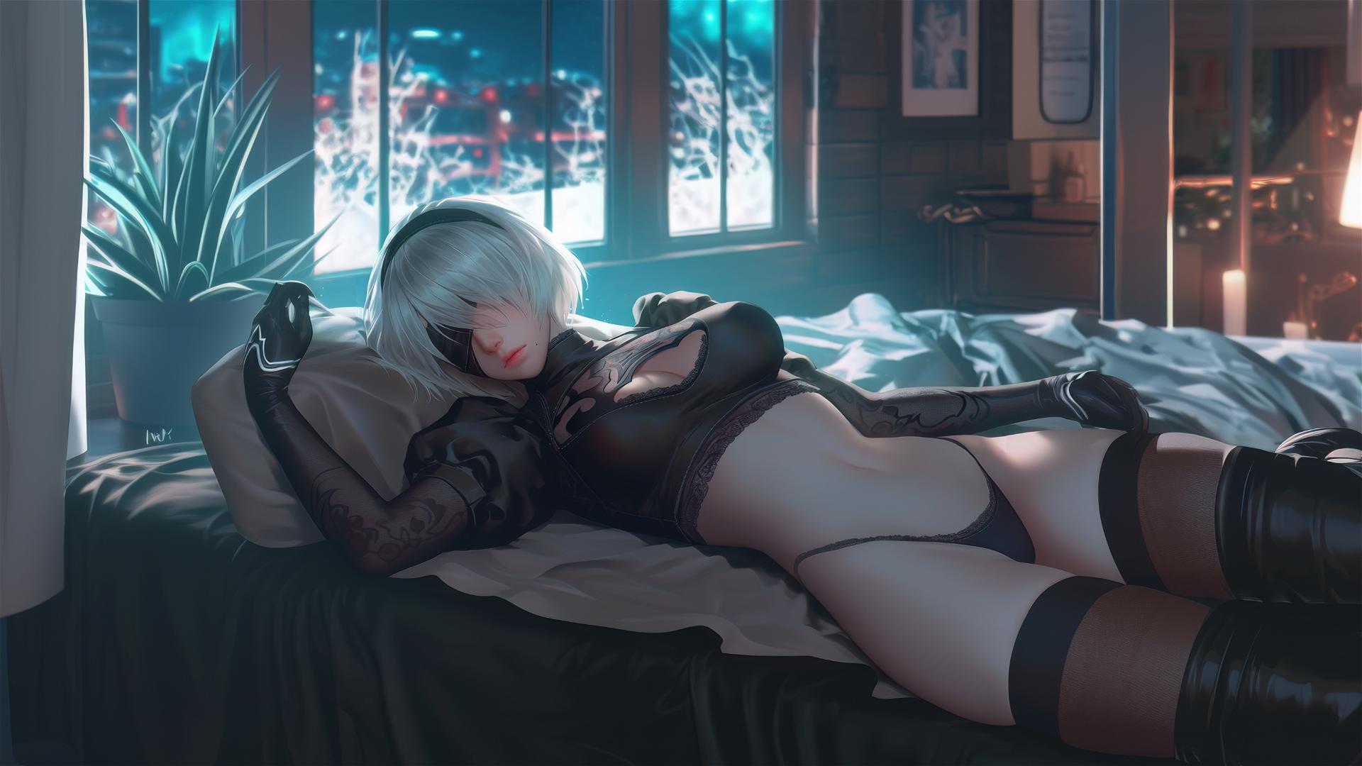 2B from Nier resting in a modern hotel room with moonlight glow
