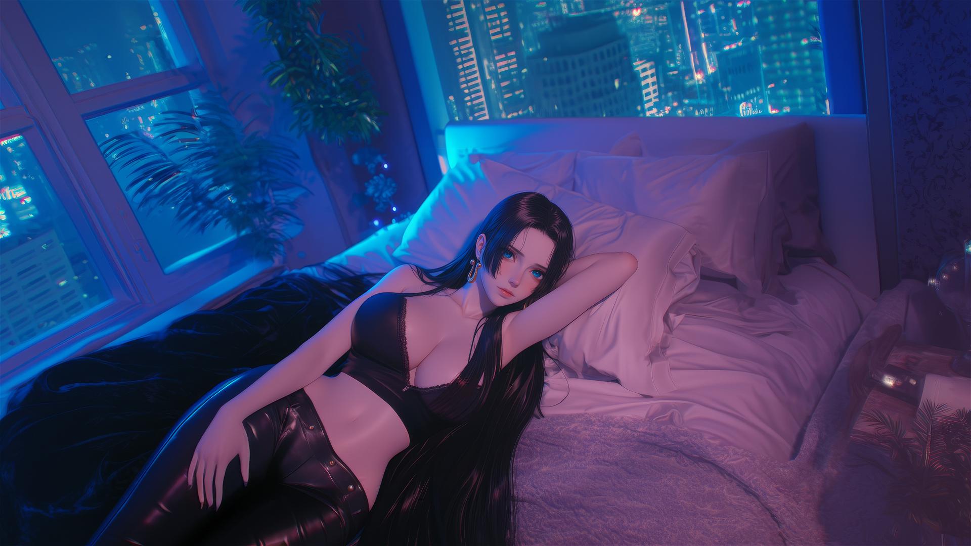 Boa Hancock from One Piece in black and pink leather on a bed, neon colors