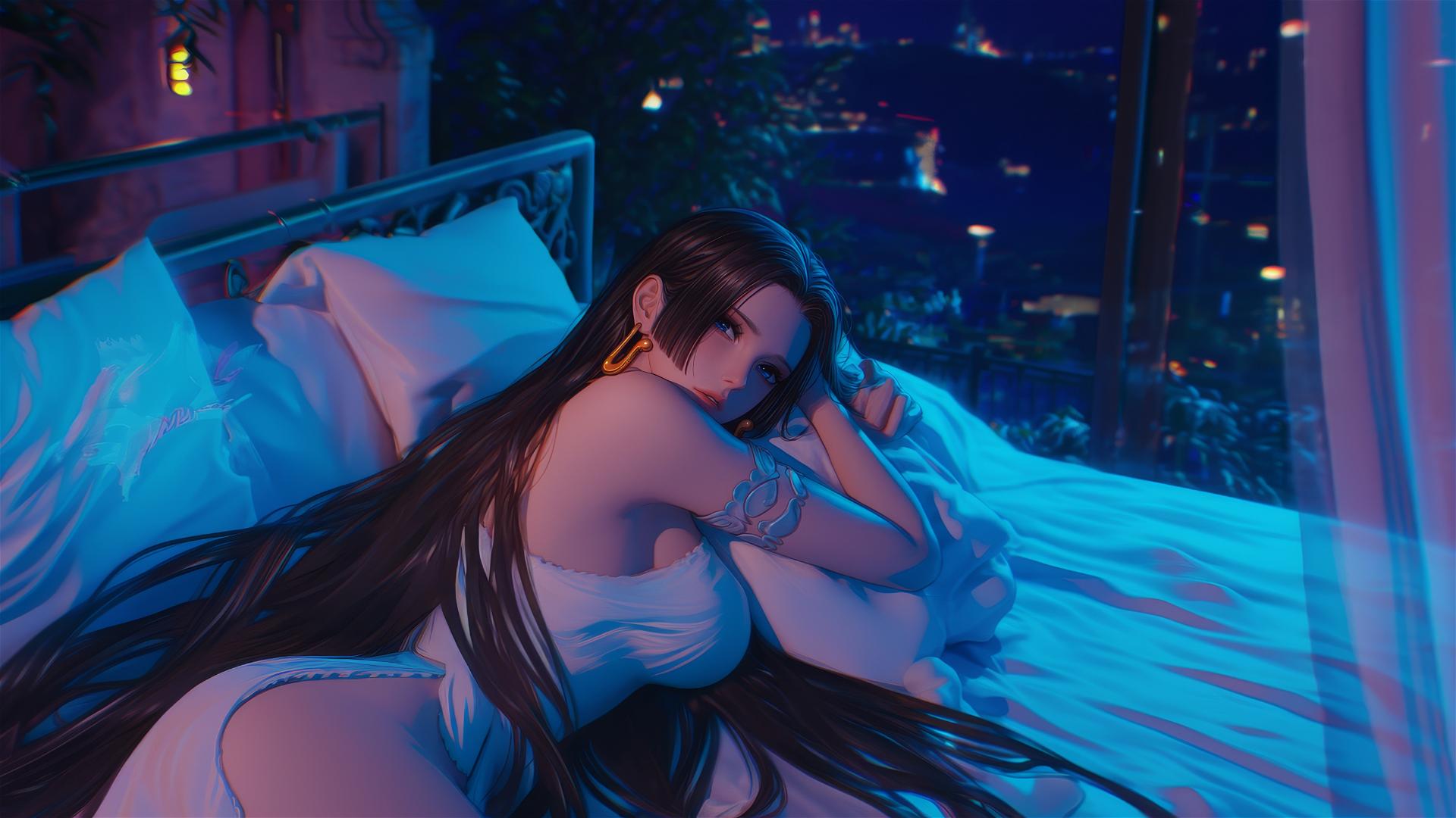Boa Hancock from One Piece in bed, neon colors with pink background