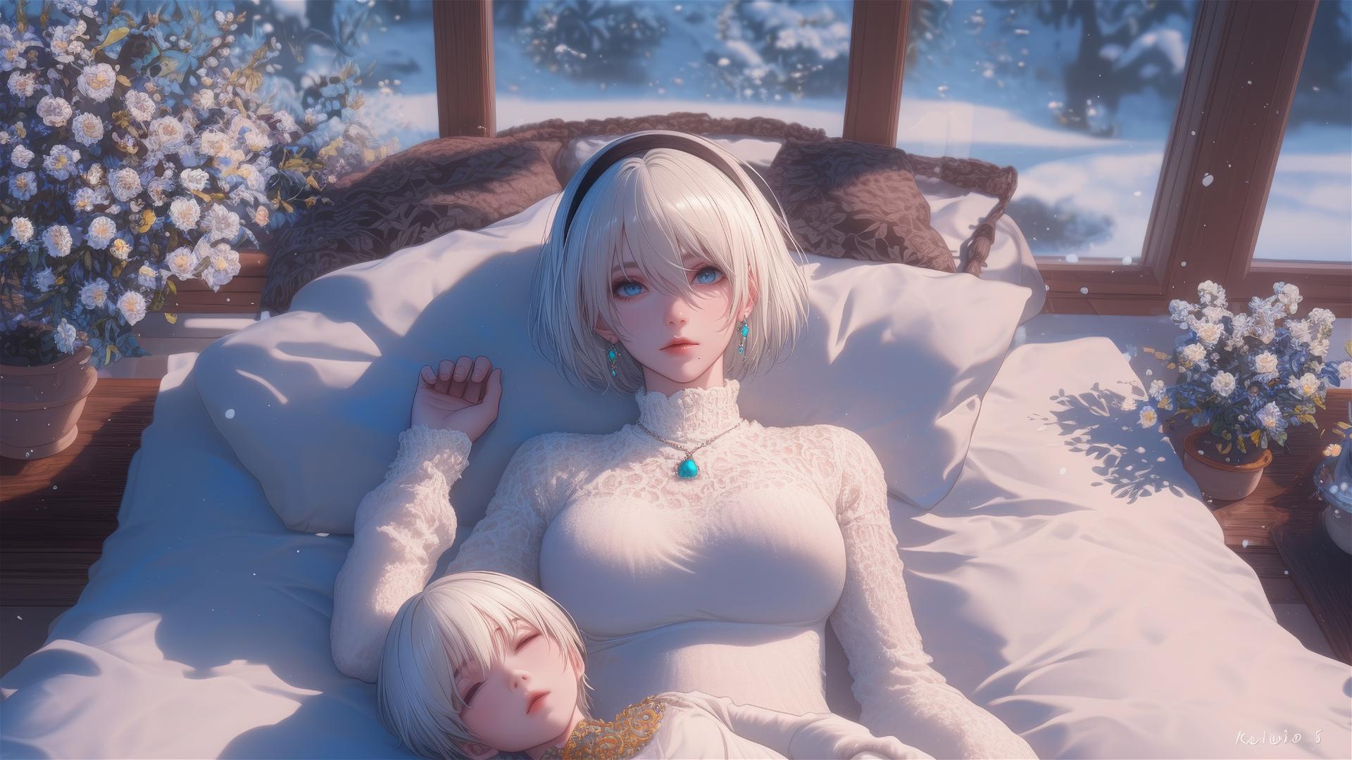 High angle view of 2B from Nier in bed, relaxed posture, short hair.