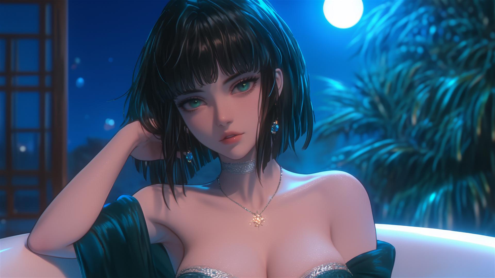 Fubuki resting in a tub under moonlight with dark green bob hair