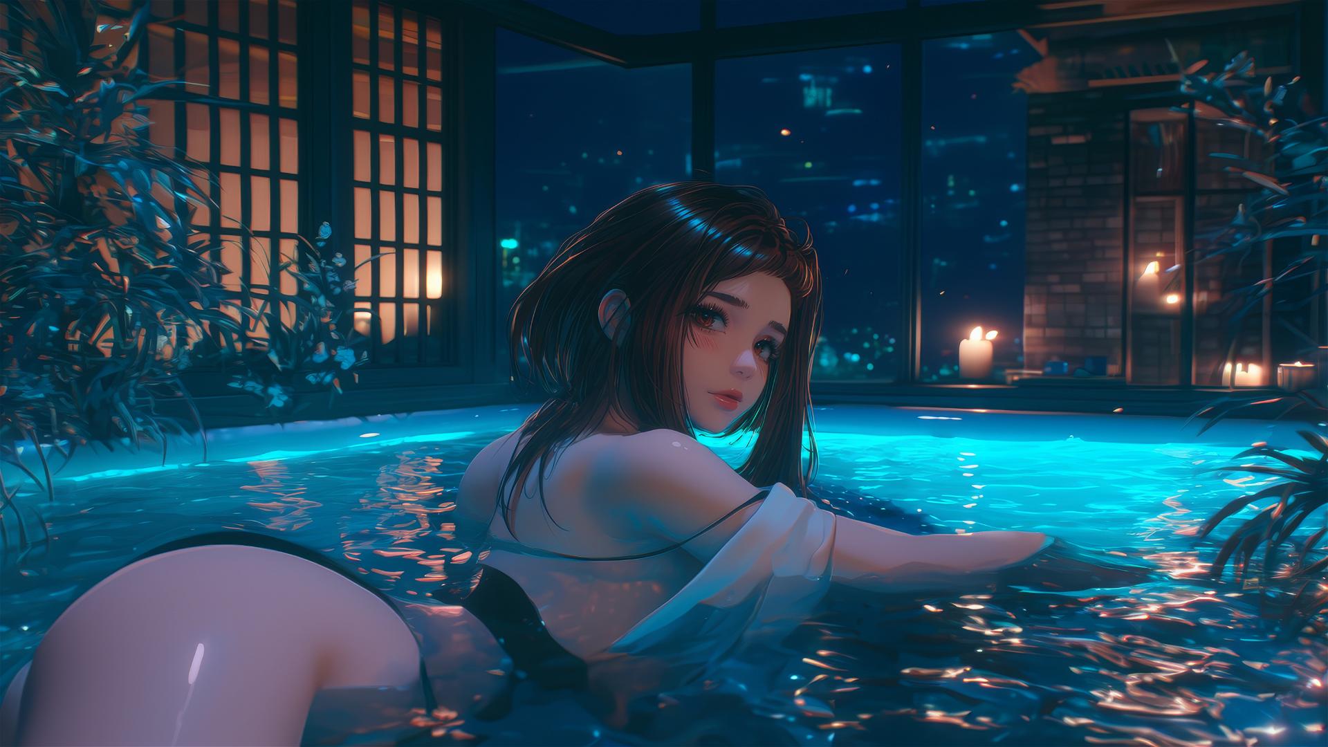 Ochaco Uraraka from My Hero Academia resting in a tub, warm light glow