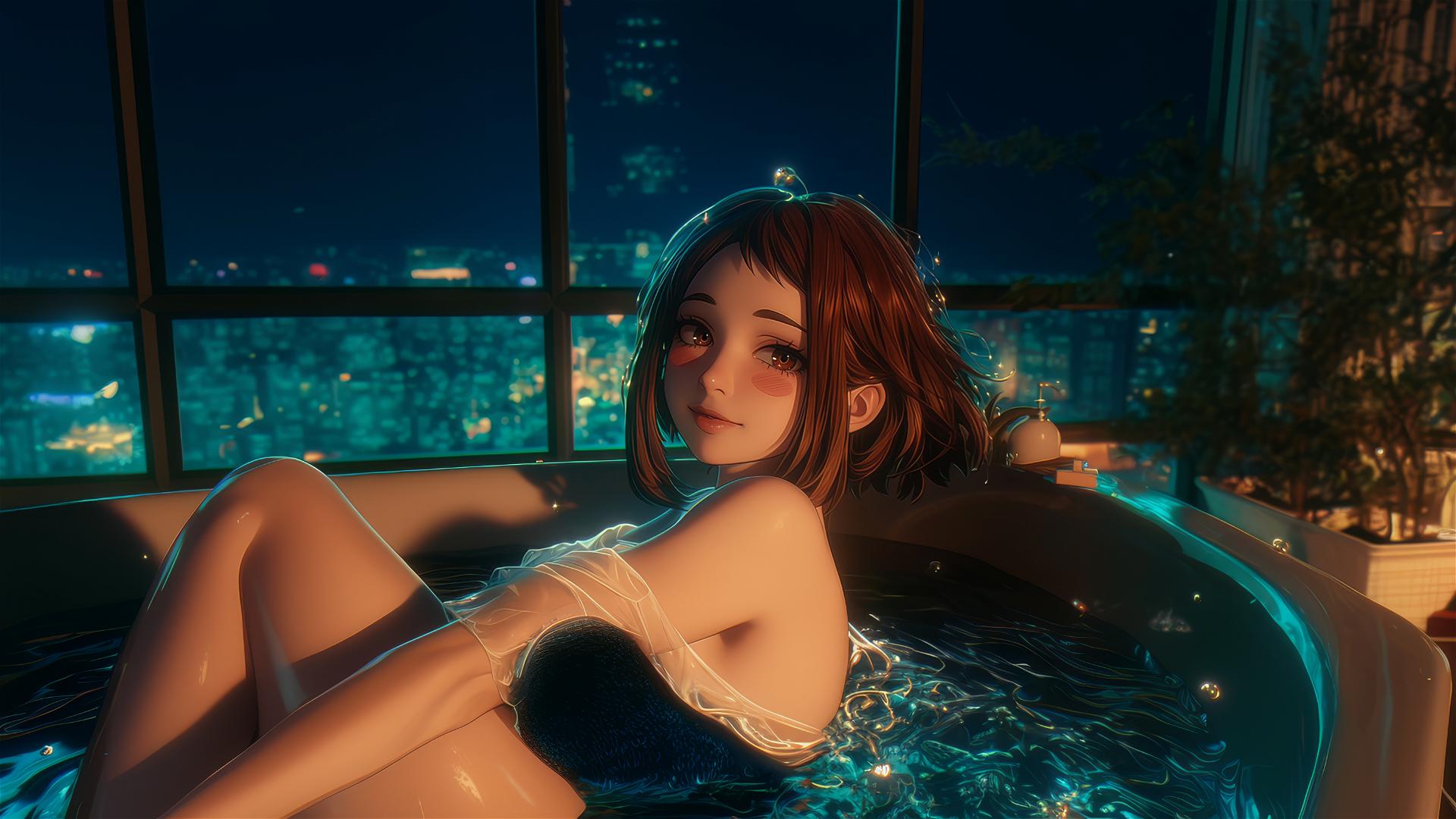 Ochaco Uraraka, auburn hair, resting in tub with soft warm light