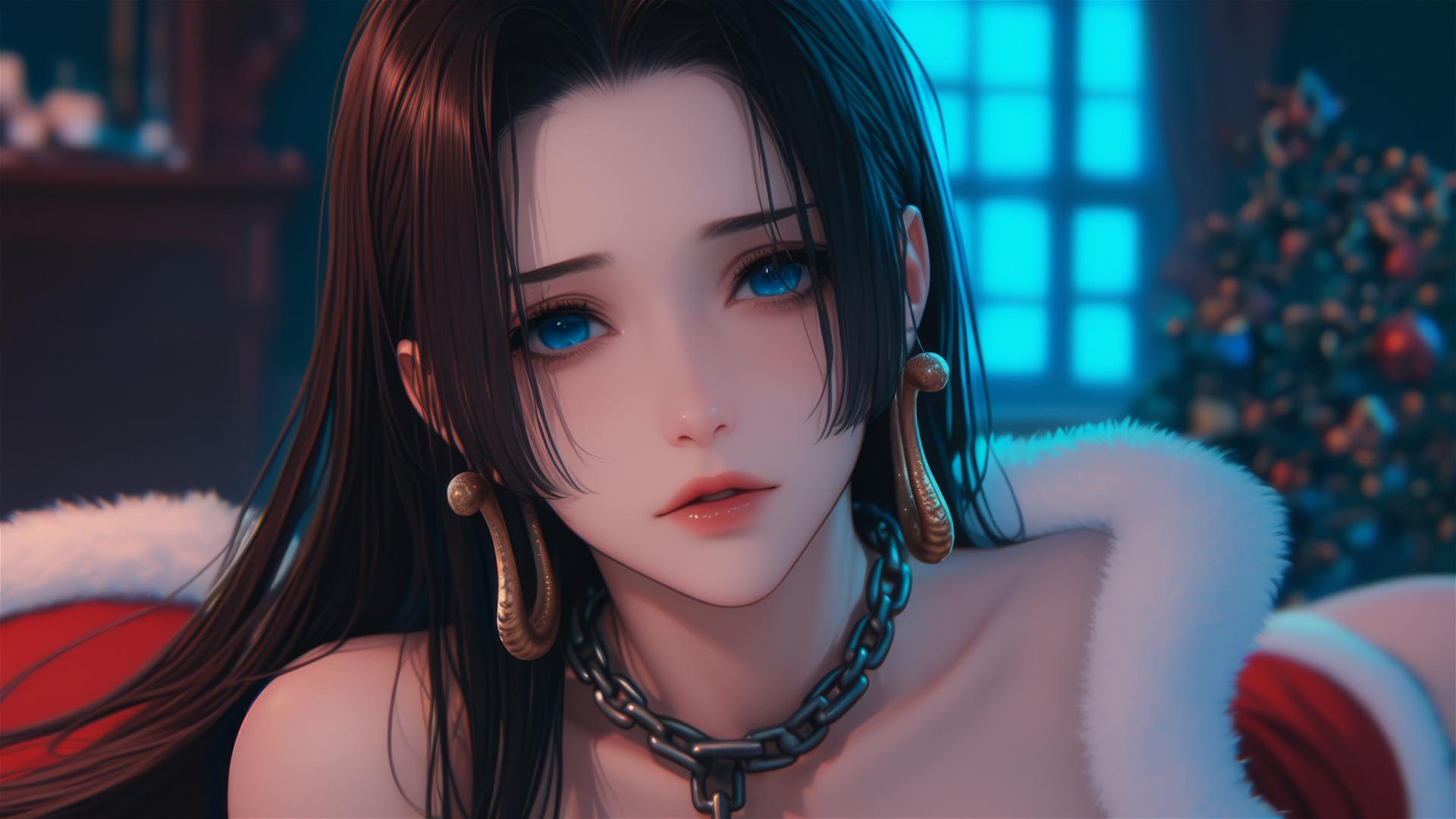 Boa Hancock in a Christmas costume with neon lights and chains in a hotel room