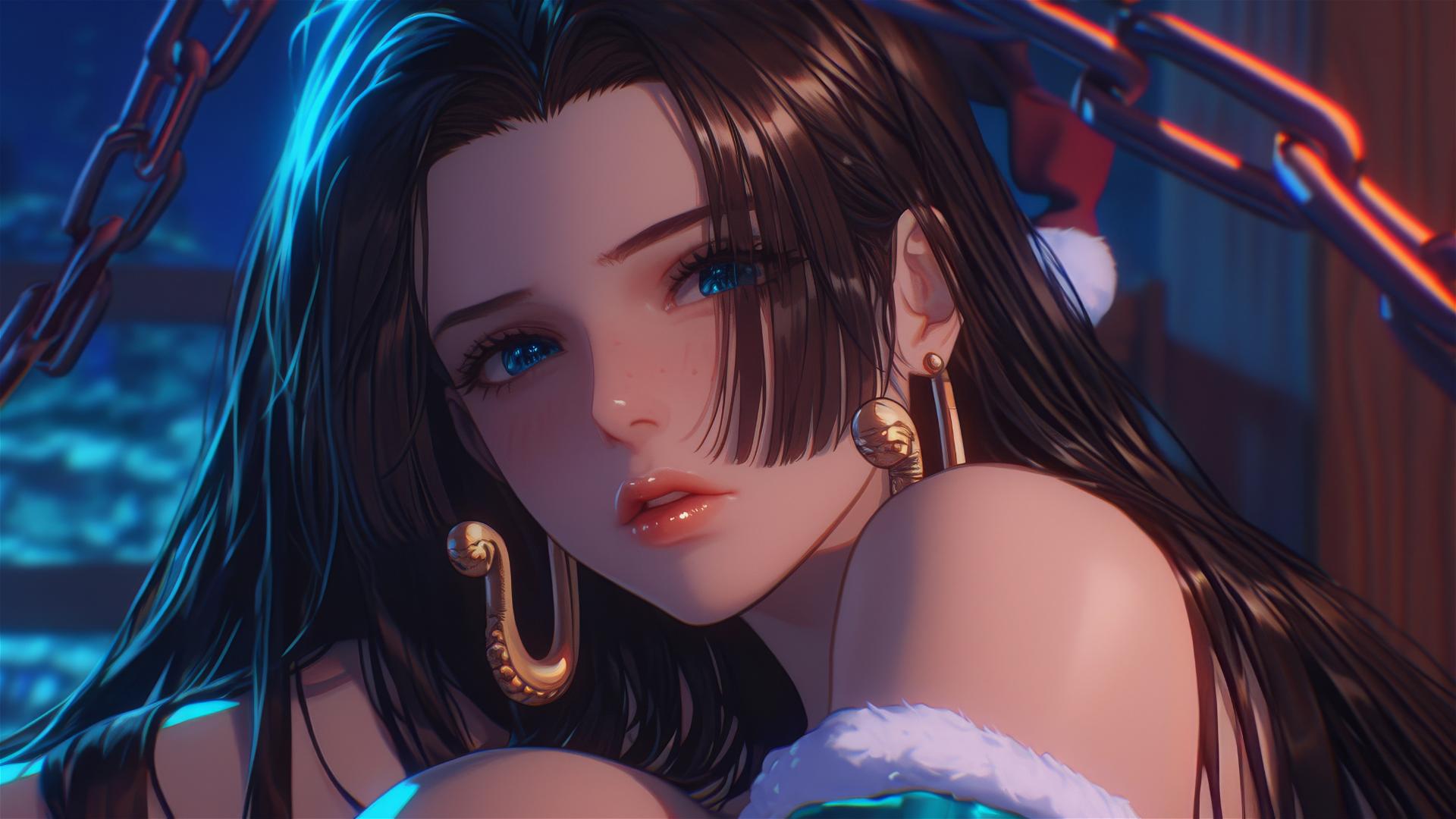 Boa Hancock in Christmas costume, chained in a neon-lit modern hotel room