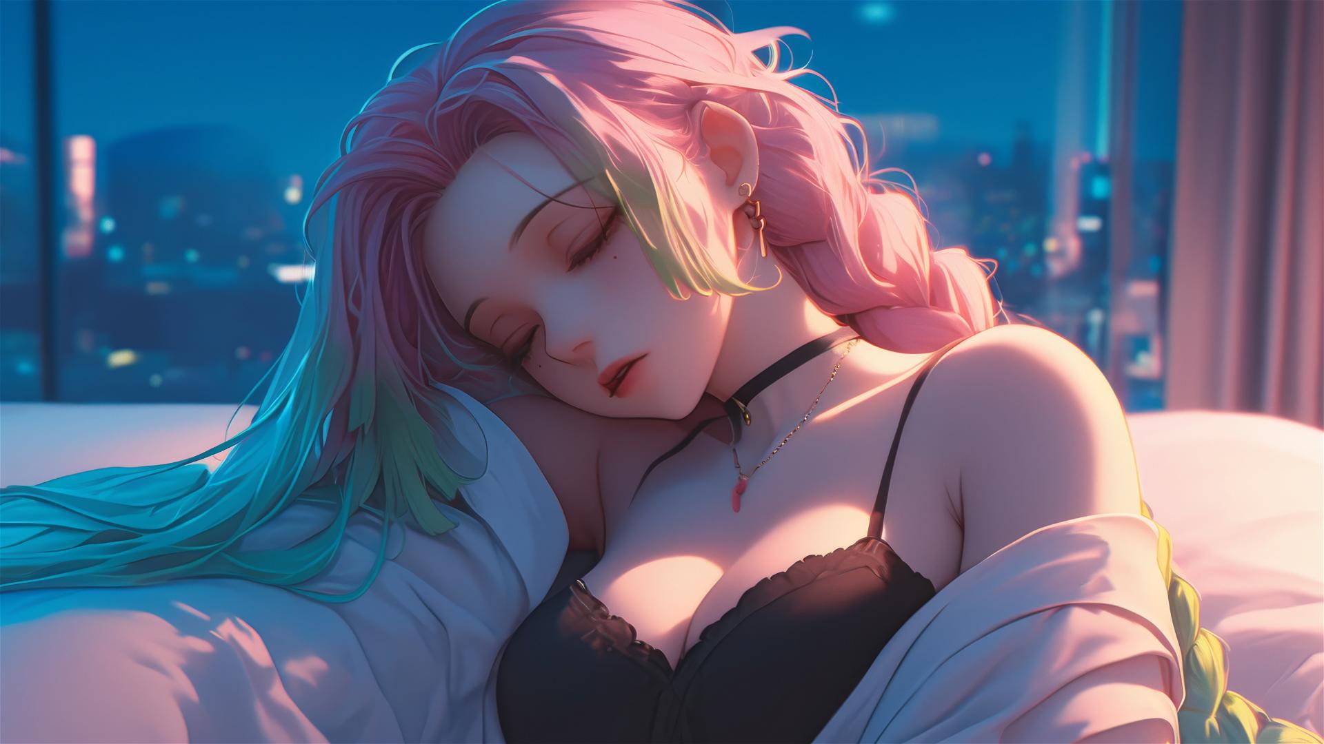 Mitsuri Kanroji from Demon Slayer resting in a modern hotel room with moonlight glow.