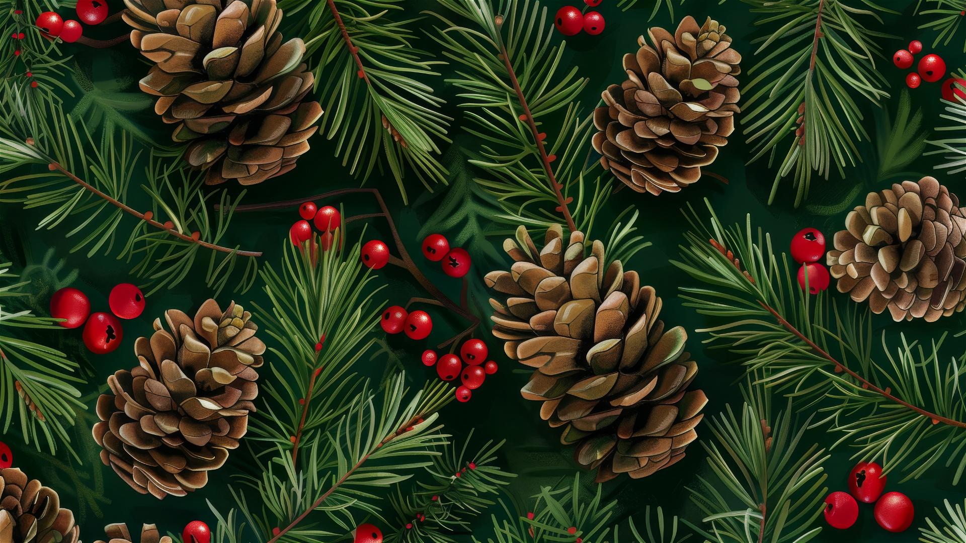 Seamless pattern of spruce cones, pine needles, and red berries on dark green background.