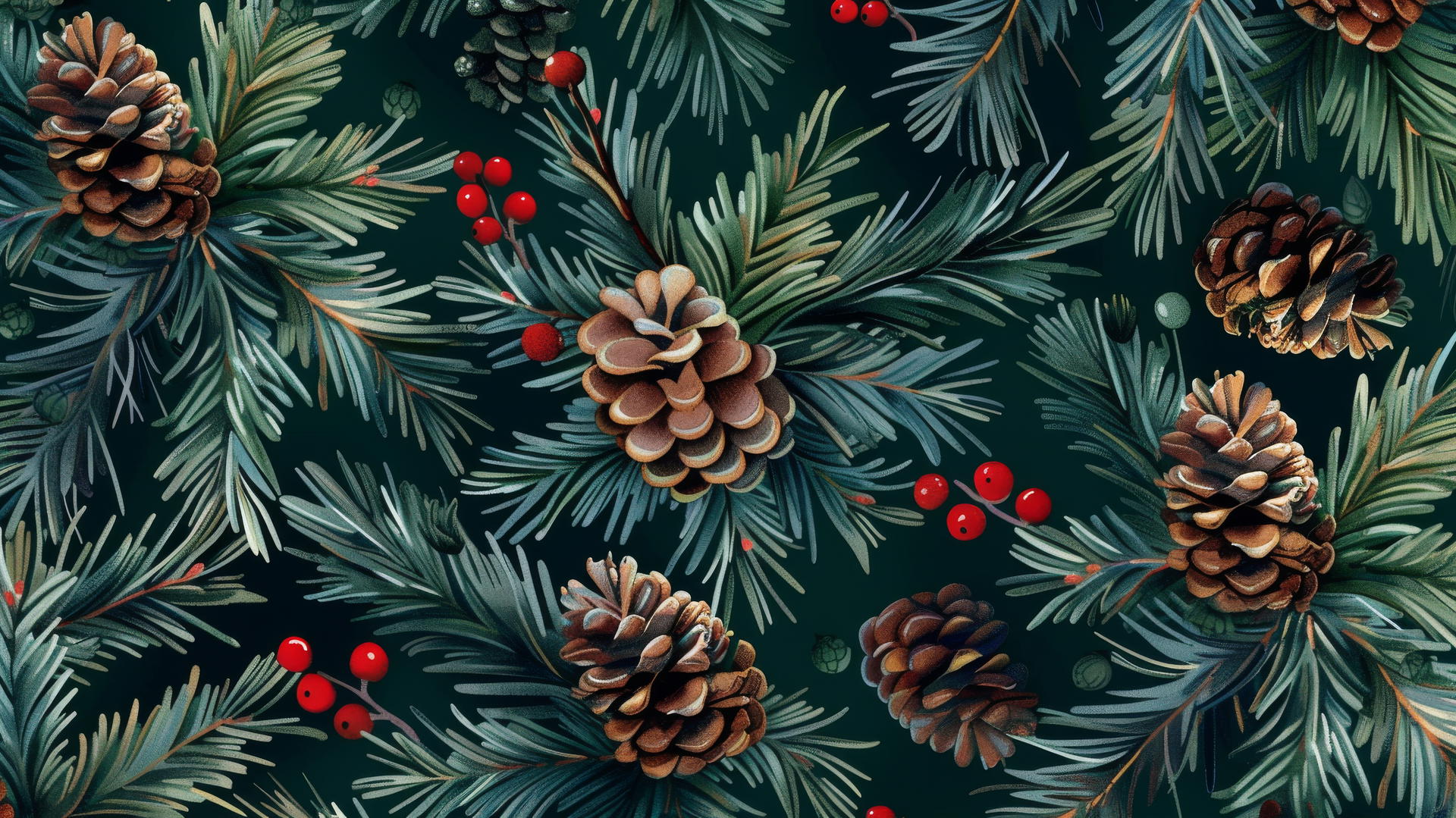 Spruce cones and red berries on a dark green background