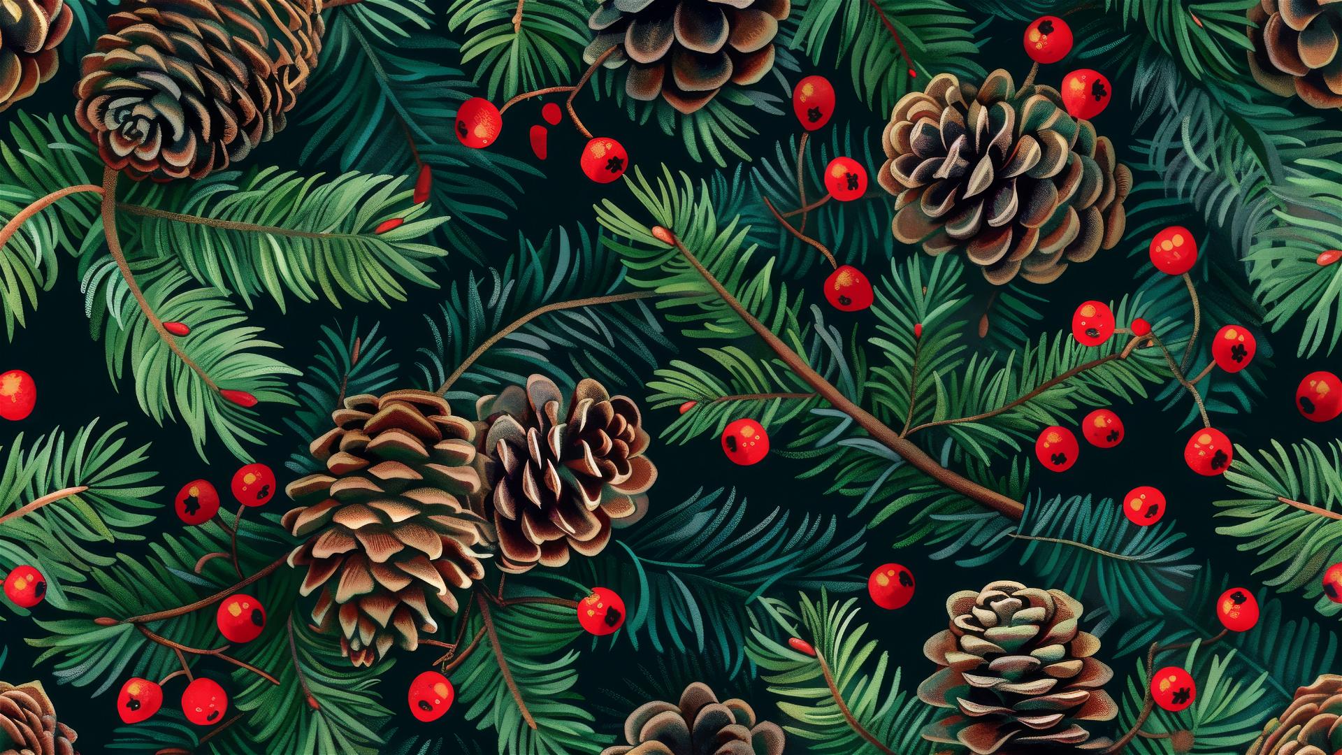 Seamless pattern of spruce cones, pine needles, and red berries on dark green background