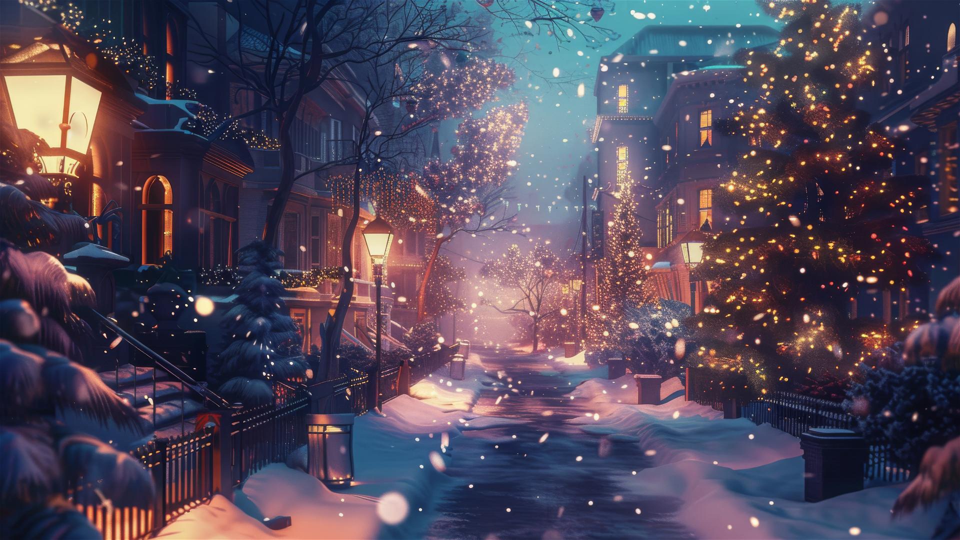Christmas night scene on a silent street
