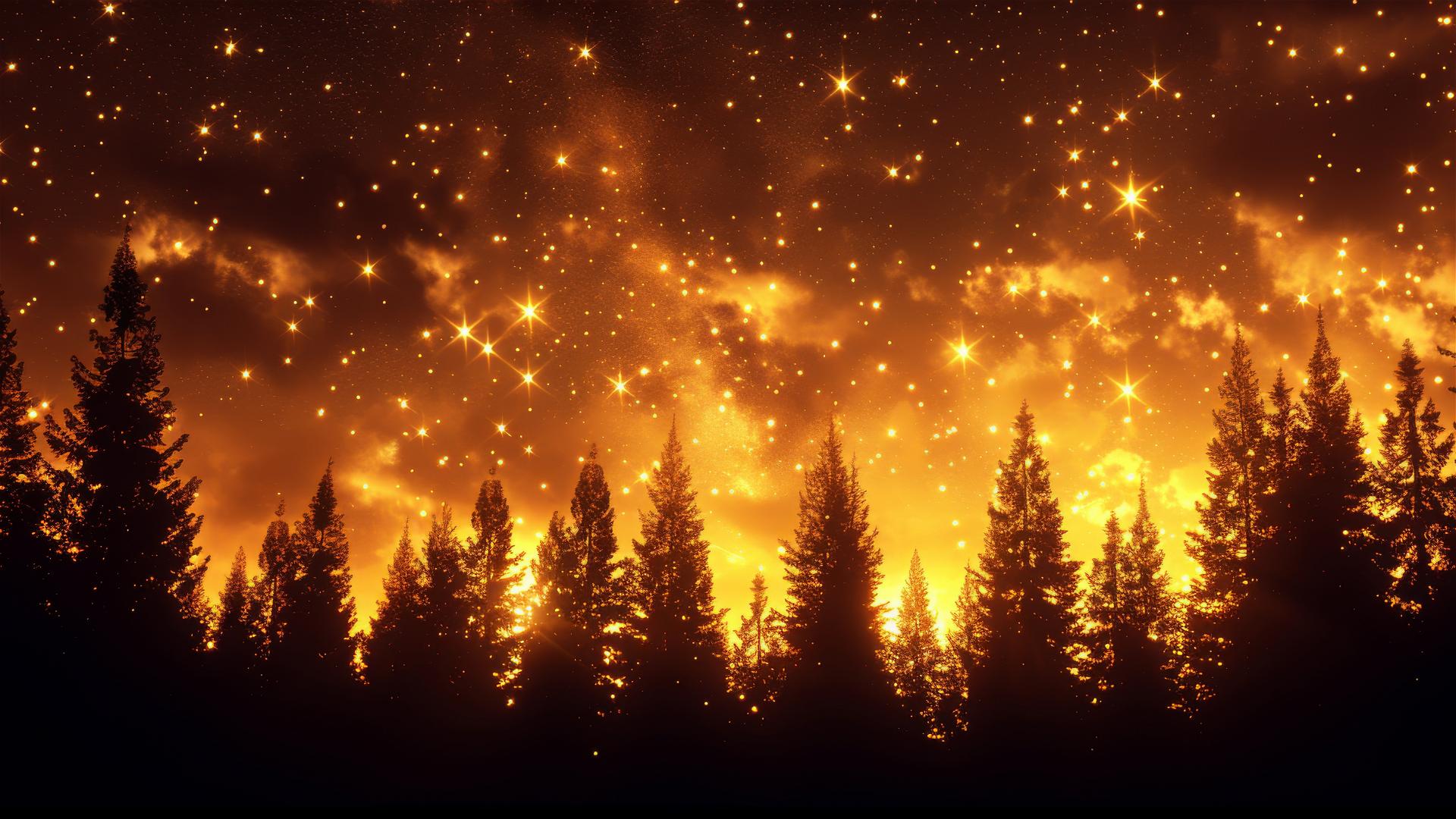 Klimt-inspired forest with hidden creatures under an autumnal starry sky at sunset