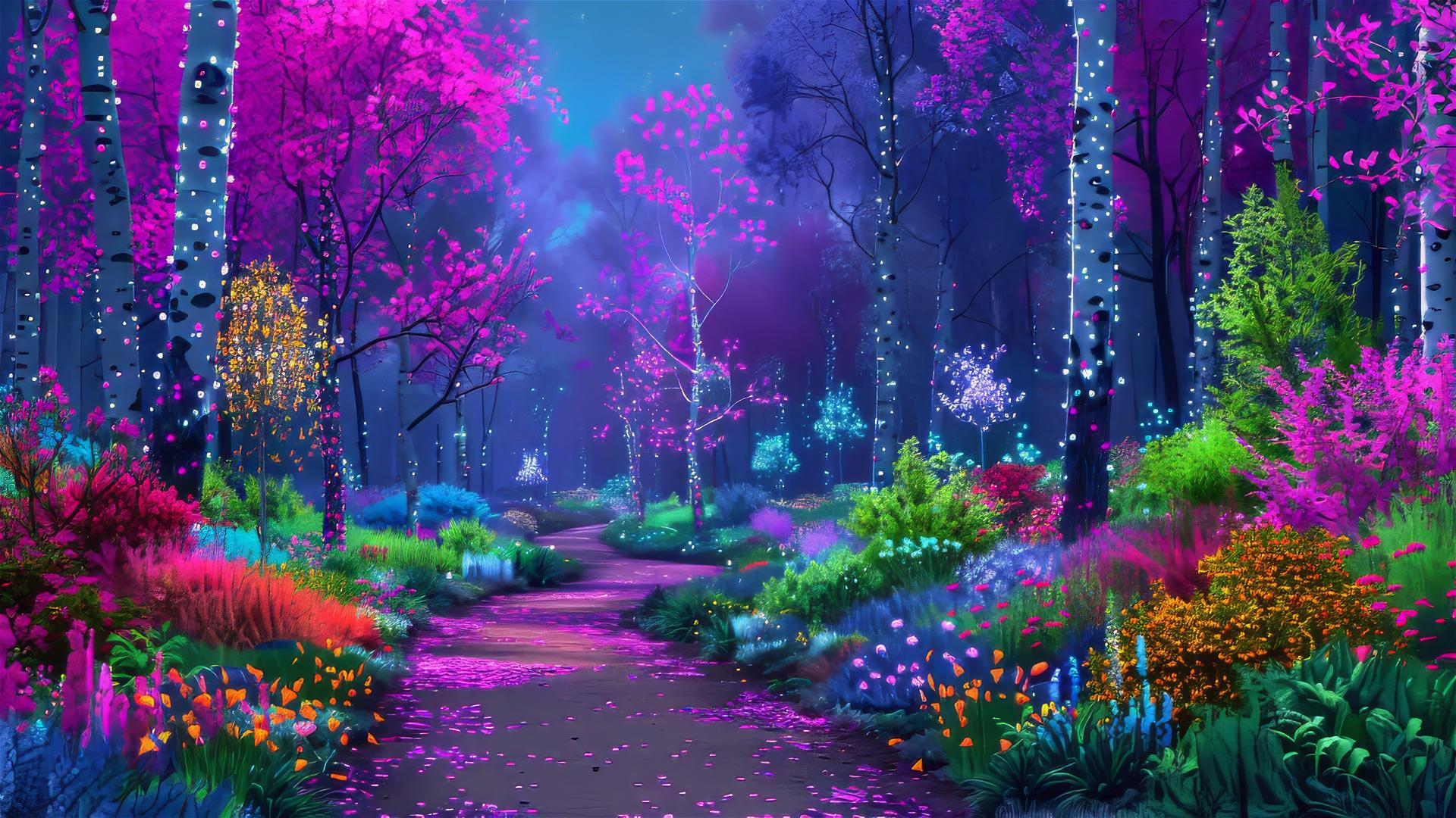 Autumn forest with hidden creatures under a starry sunset