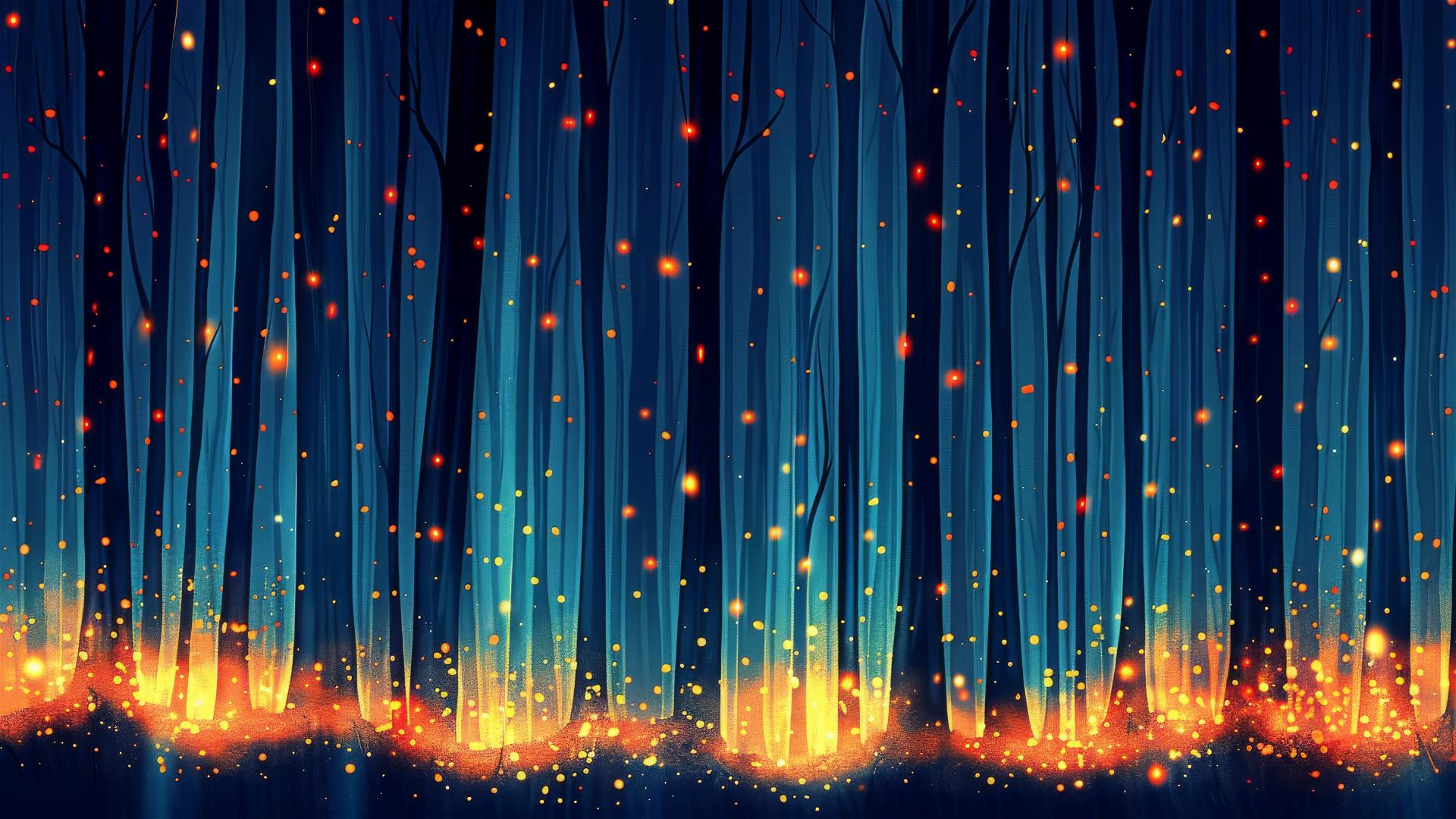 Autumn forest with hidden creatures under starry sky