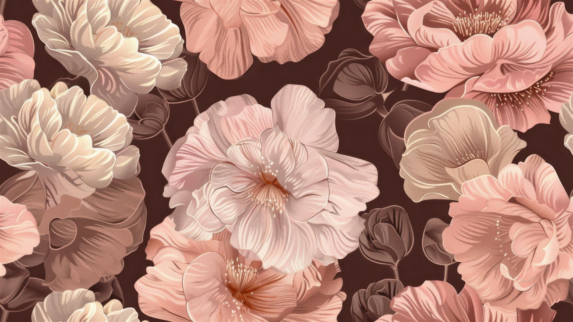 Large pink and beige flowers on a brown textured background