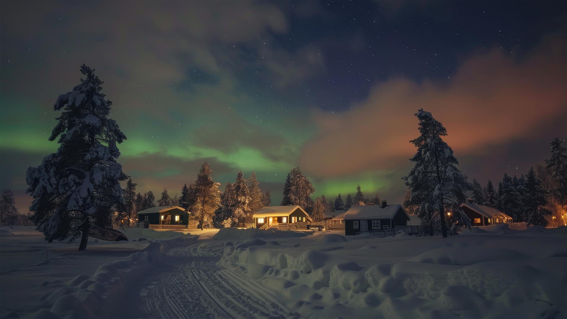 Nordic night with auroras, village, reindeer, sleds, dogs, snowfall, icy lakes, mountains.