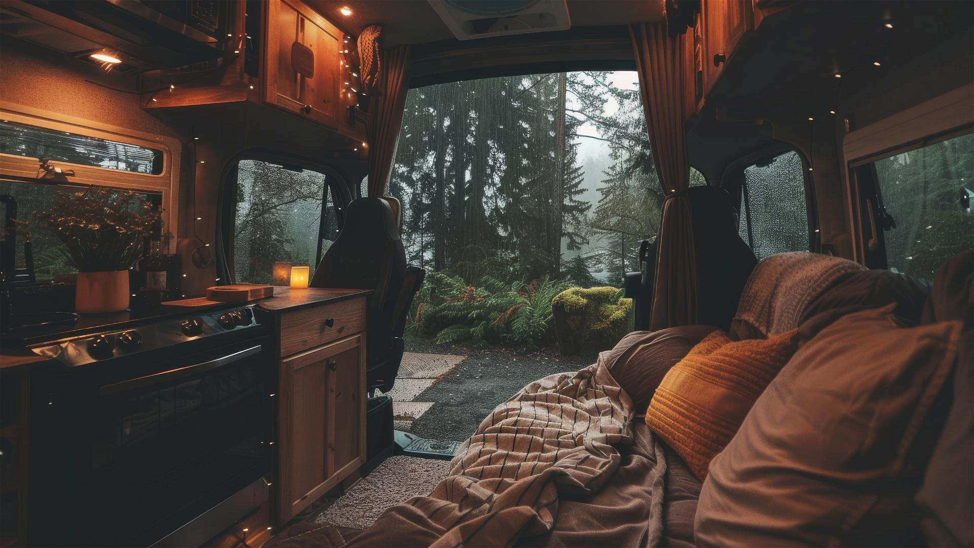 A cozy RV interior during rain