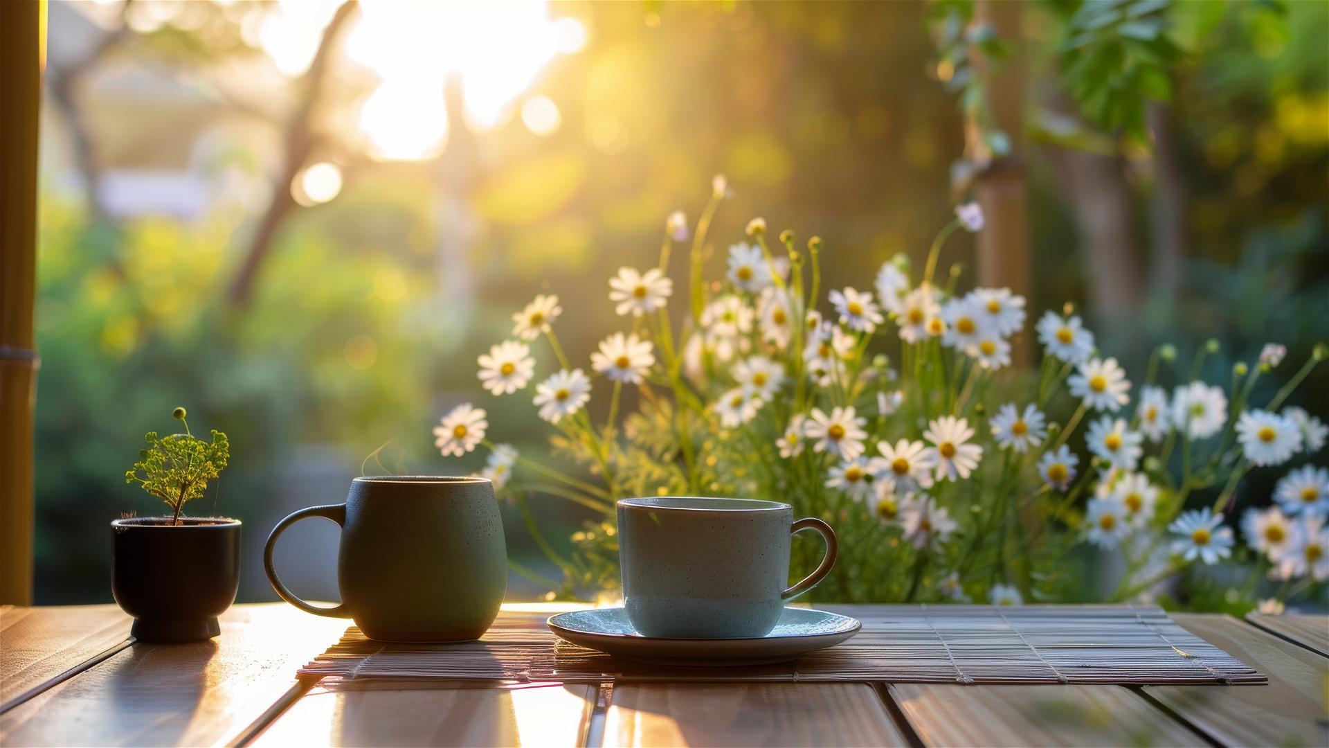 Zen garden sunrise with coffee and flower pot