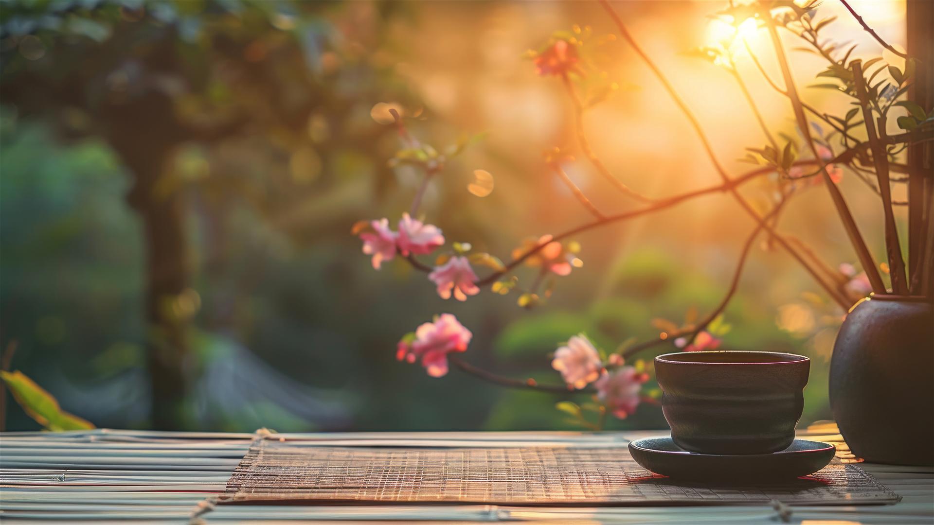 Coffee cup and flower pot in a Japanese Zen garden at sunrise