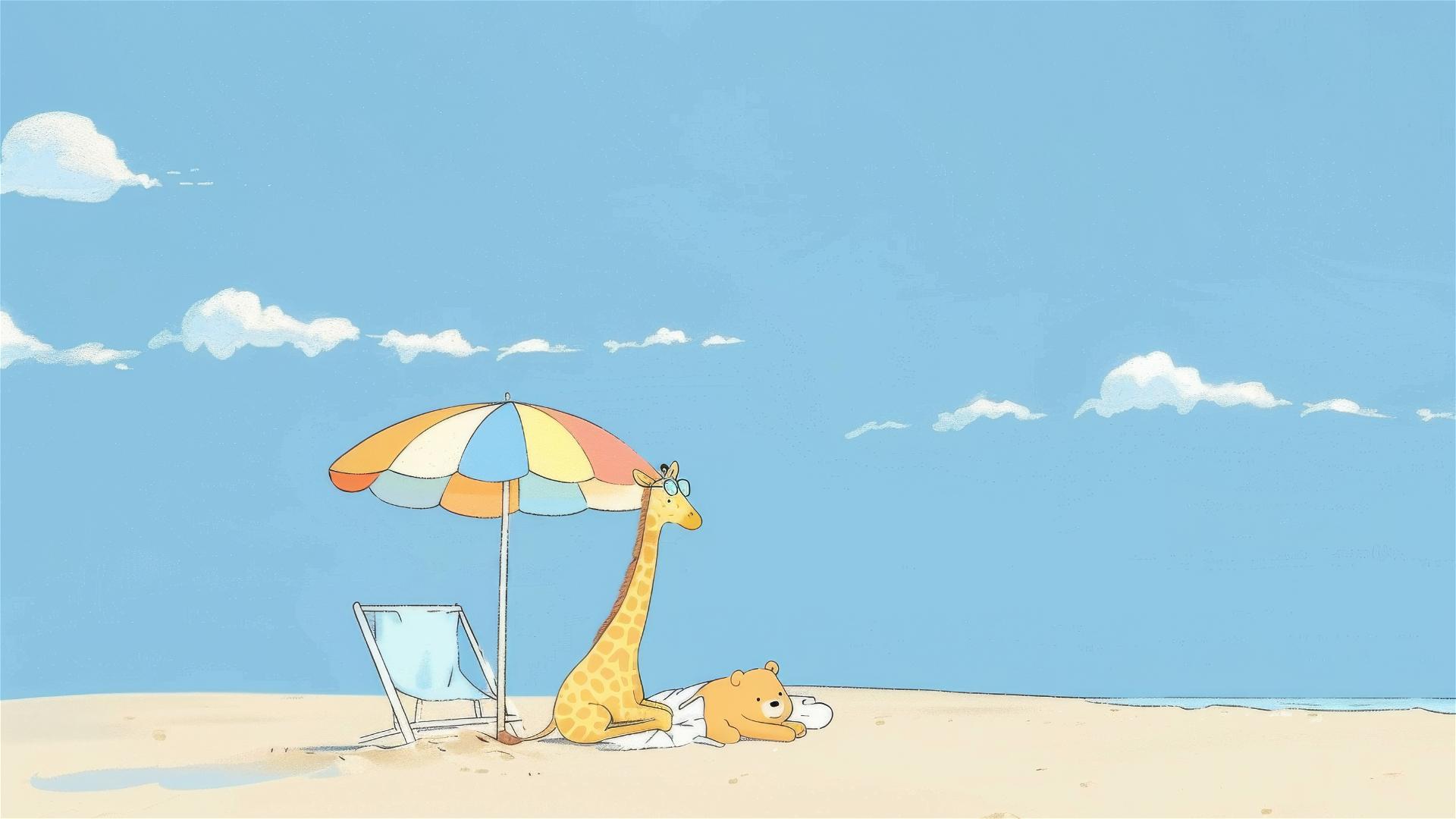 Cartoon giraffe in sunglasses on beach chair, bear on towel, sunny day.