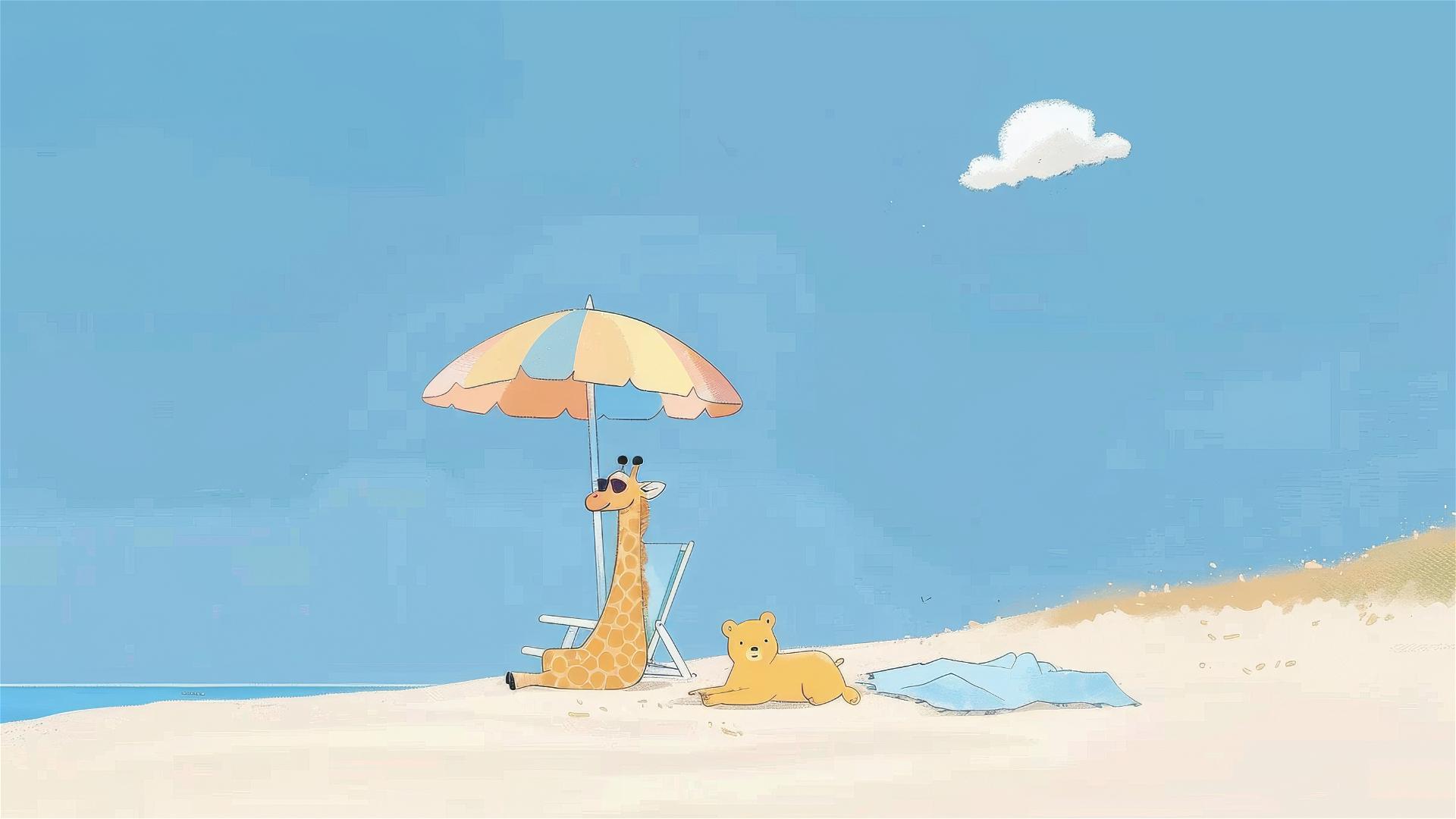 Cartoon giraffe and bear lounging on a beach under a clear blue sky