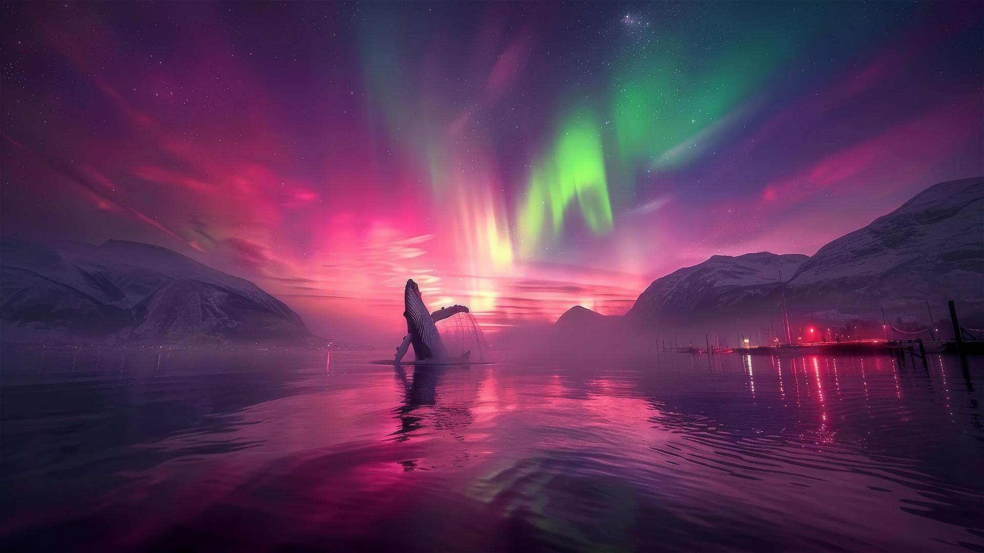 Humpback whale breaching under vibrant aurora borealis in night sky.