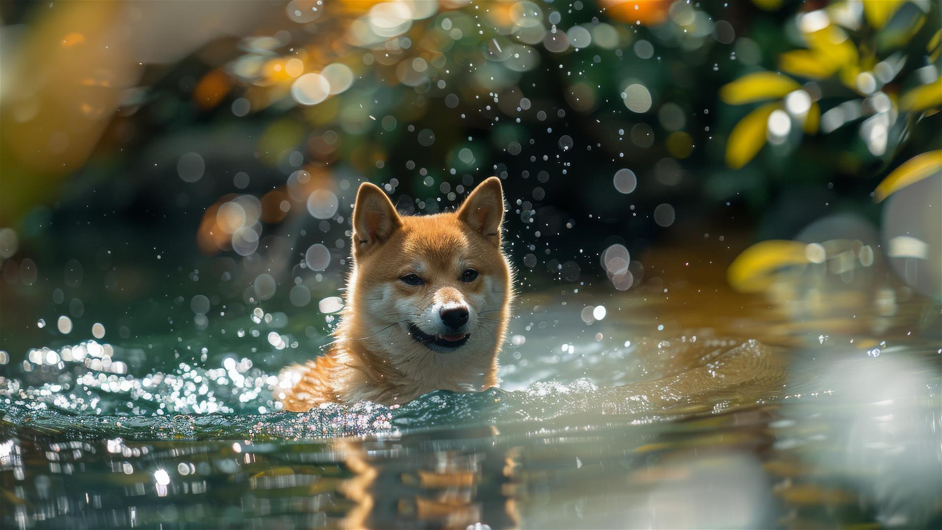 Shiba Inu swimming in a clear pond amid summer greenery and colorful flowers