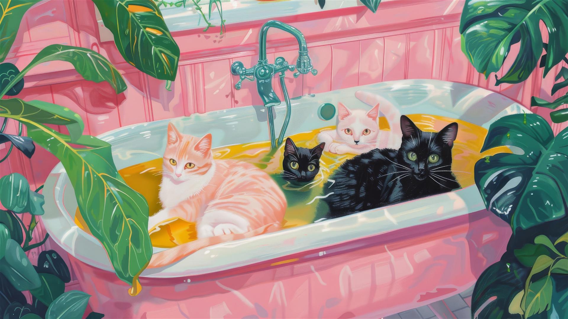 Cats in a bathtub with leaves and plants in a preppy pink cottagecore bathroom.