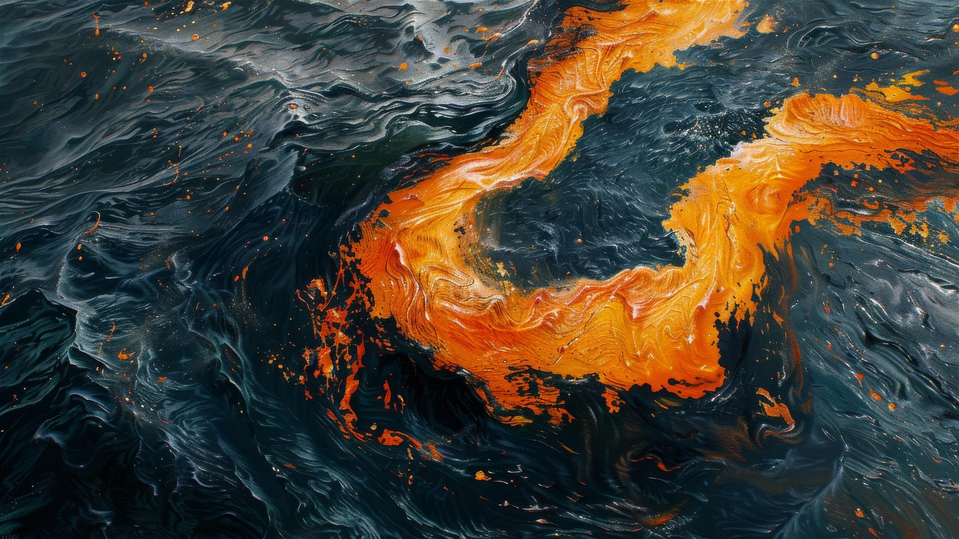 Anime-style aerial view of orange and black oil forming an S-shape in dark waters.