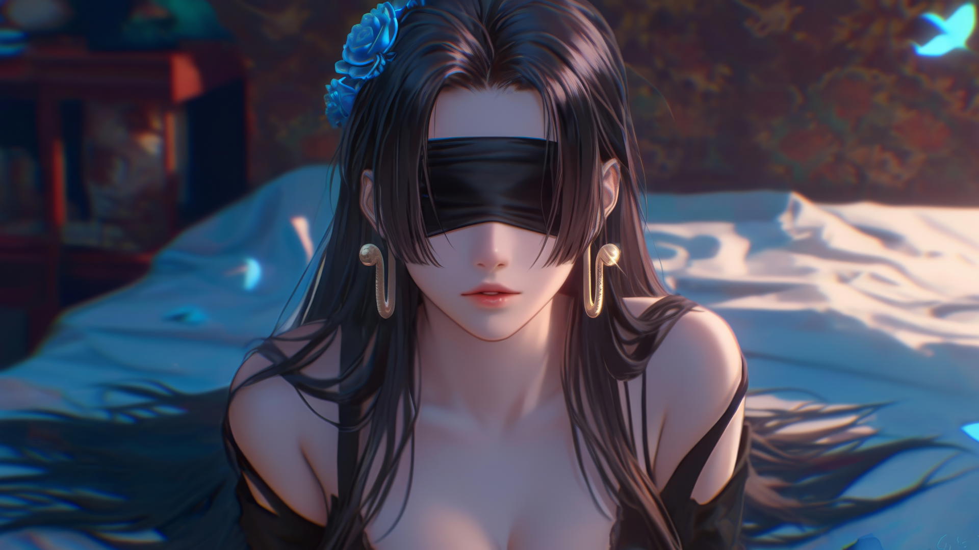Boa Hancock kneeling, blindfolded in a neon-lit hotel room