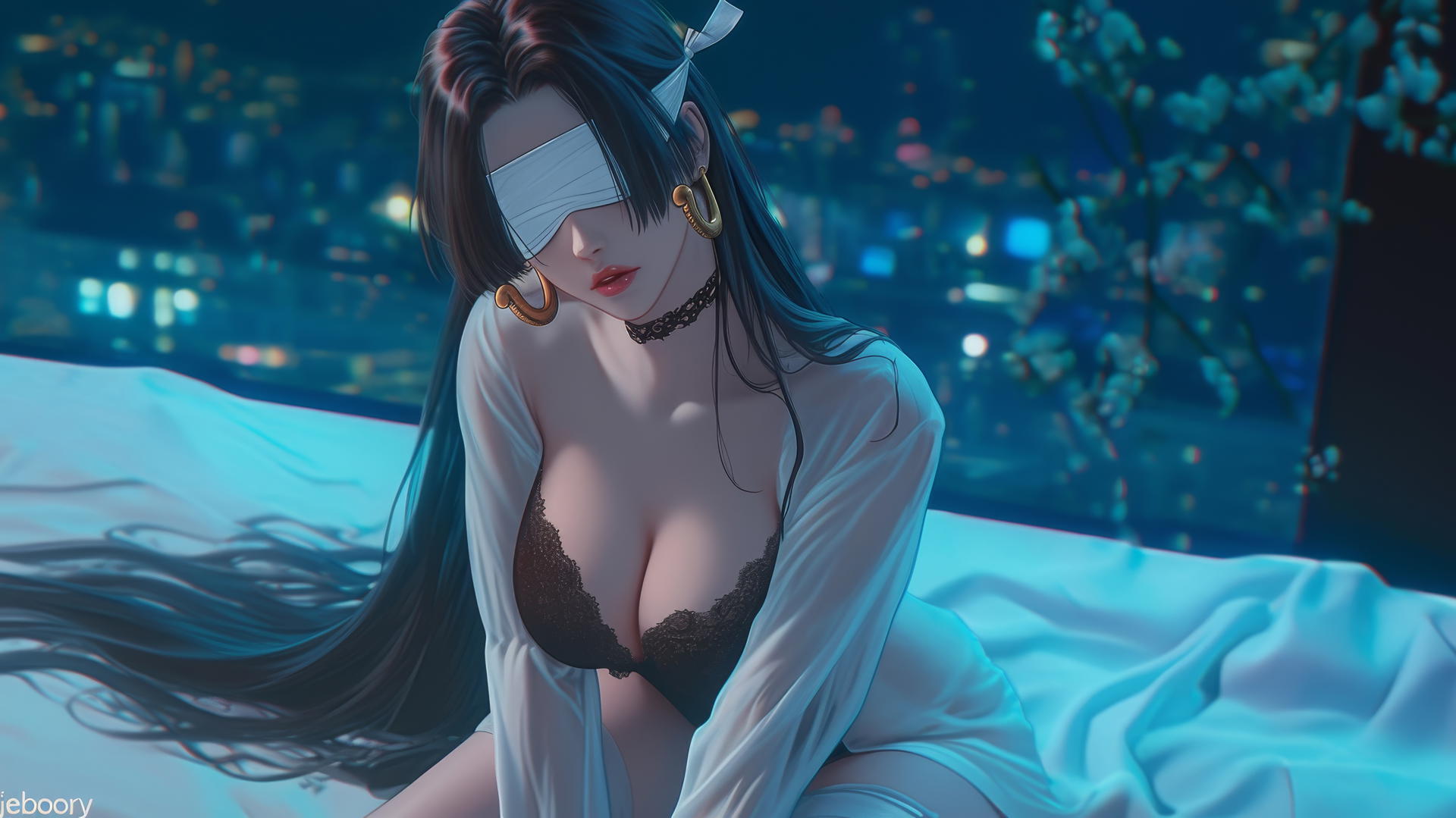 Boa Hancock from One Piece blindfolded in a modern hotel room with neon lights.