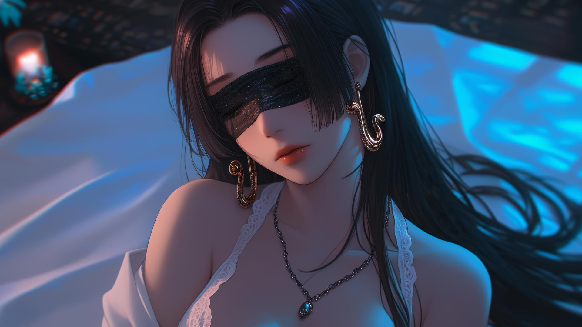 Boa Hancock kneeling blindfolded in a neon-lit modern hotel room