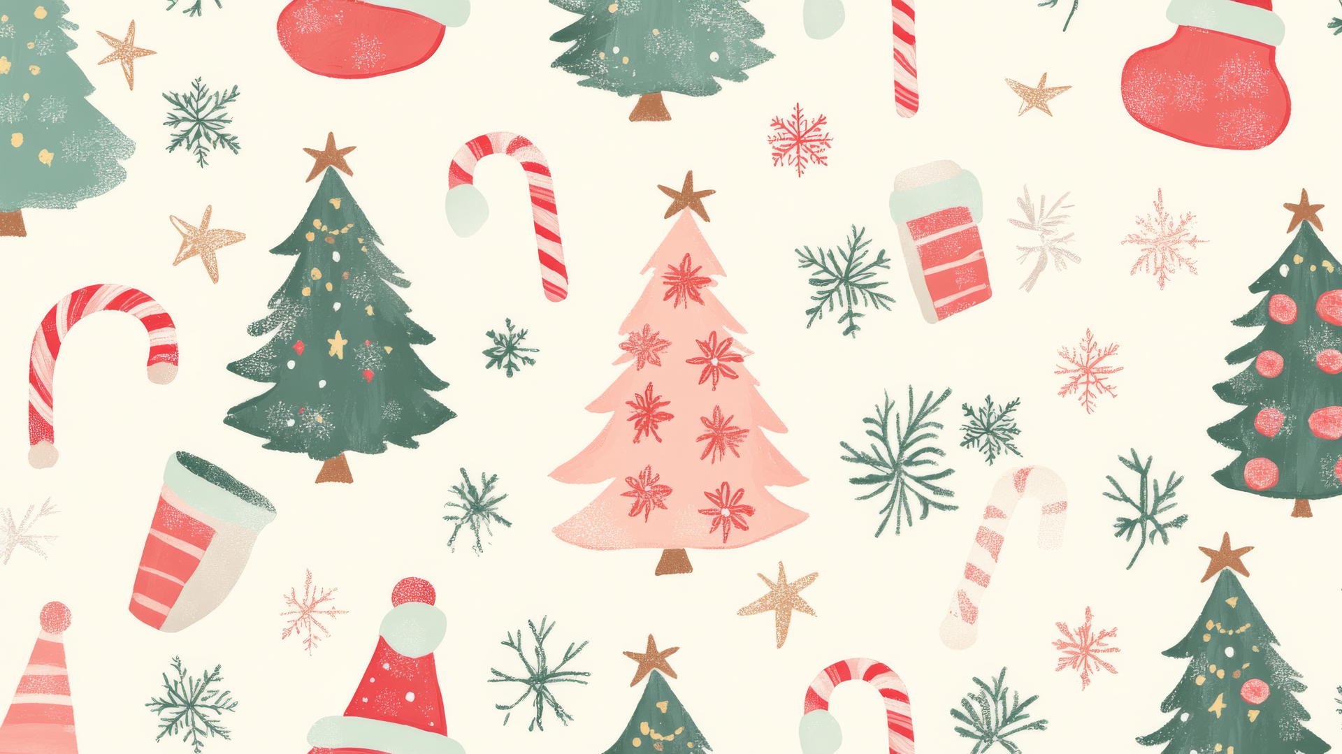 Preppy Christmas wallpaper with pastel pink and green Christmas trees, candy canes, snowflakes, Santa hats, and stars on a cream background