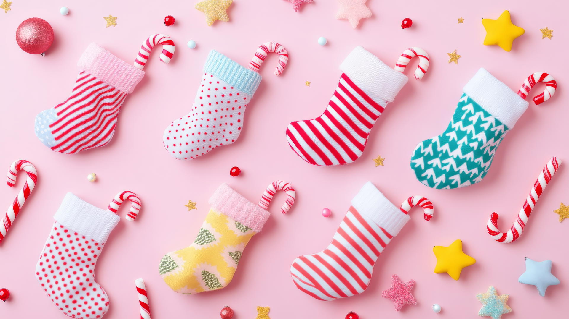 Preppy wallpaper Christmas with colorful stockings, candy canes, and stars on pastel pink