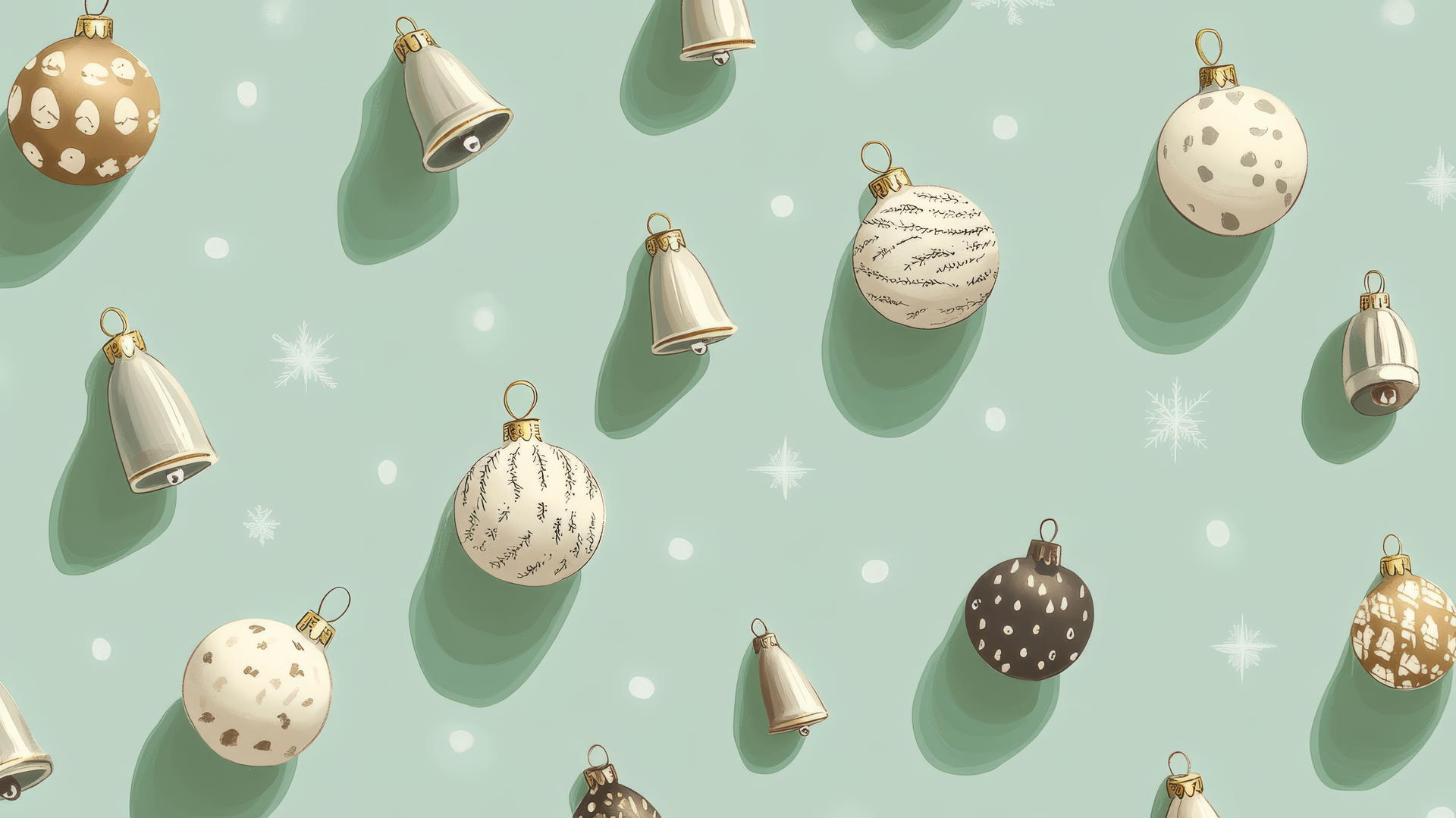 aesthetic preppy Christmas wallpaper with vintage ornaments and bells on pastel green