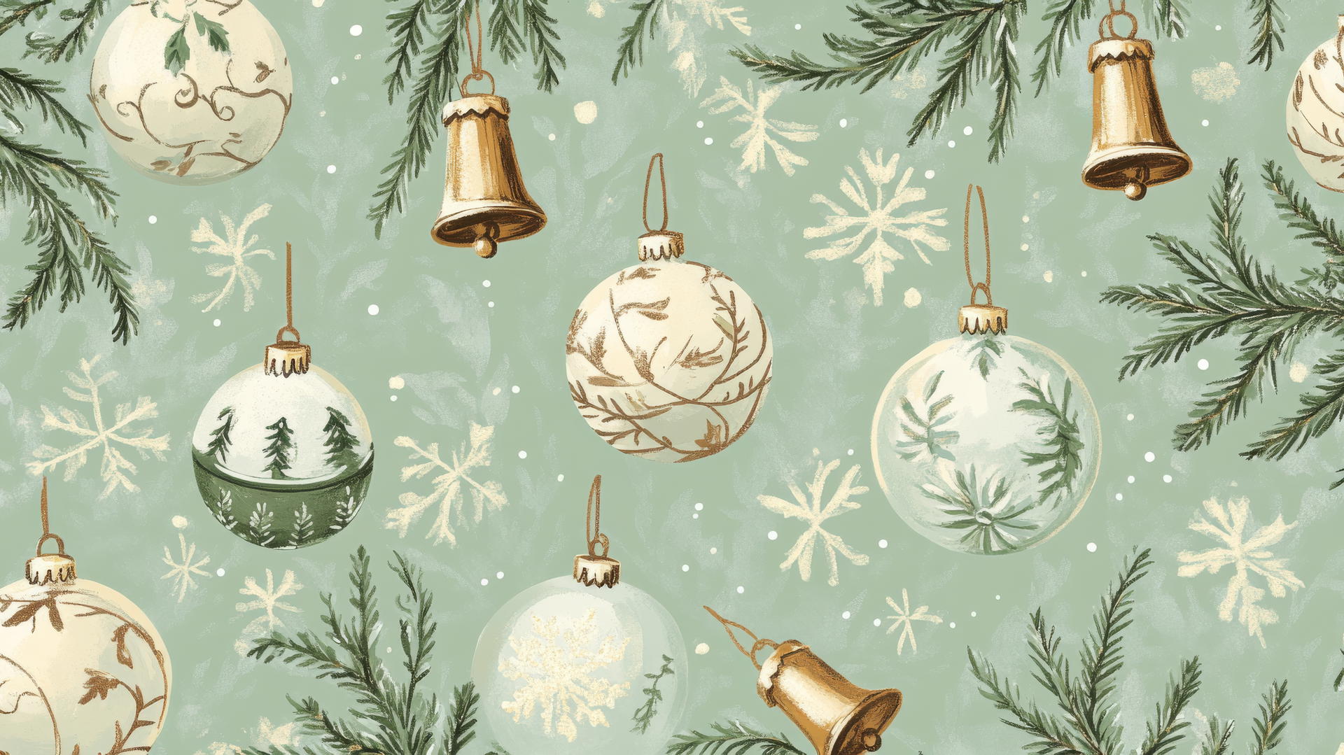 aesthetic preppy Christmas wallpaper with vintage ornaments and bells, pastel green background
