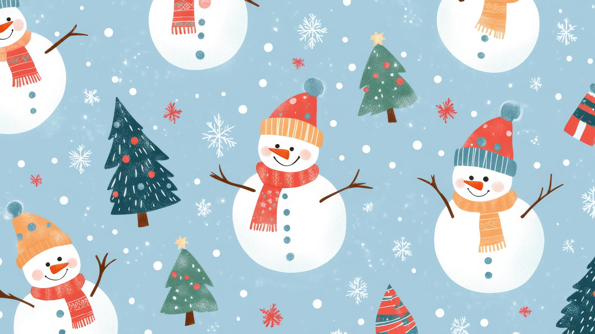 cute preppy Christmas wallpaper with cheerful snowmen, scarves, hats, snowflakes, and small Christmas trees on a pale blue background