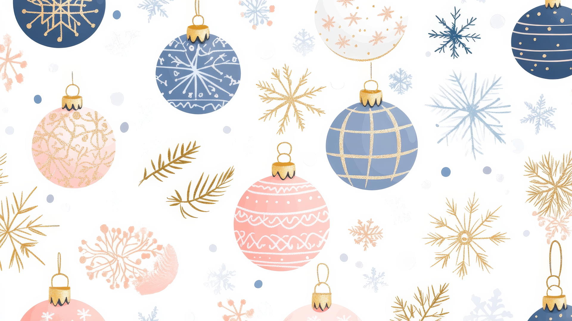 cute preppy Christmas wallpaper with pastel pink, blue, and gold ornaments and snowflakes