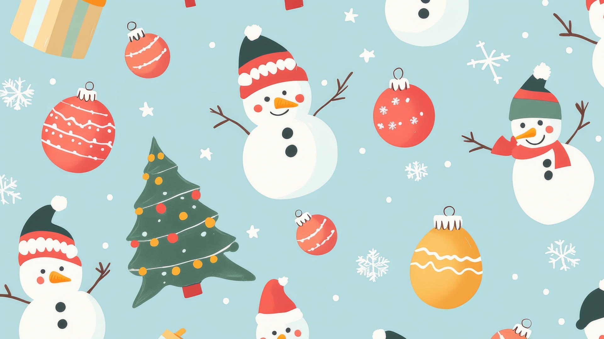 cute Christmas wallpaper preppy with snowmen, trees, and ornaments on pastel blue