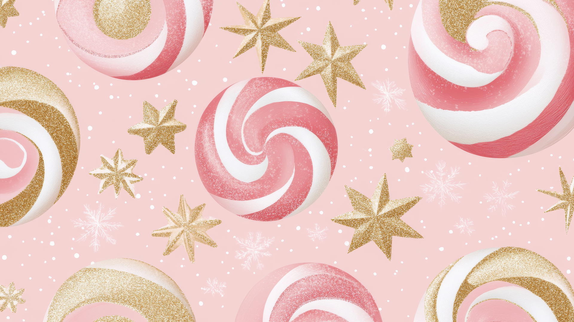 Preppy wallpaper Christmas with peppermint swirls, stars, gold glitter, and snowflakes on a pink background.