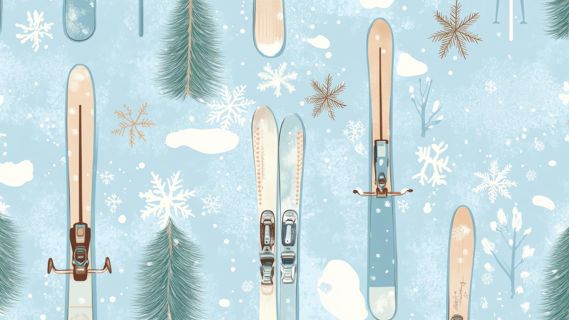 christmas wallpaper preppy with skiing equipment, snowflakes, and pine trees