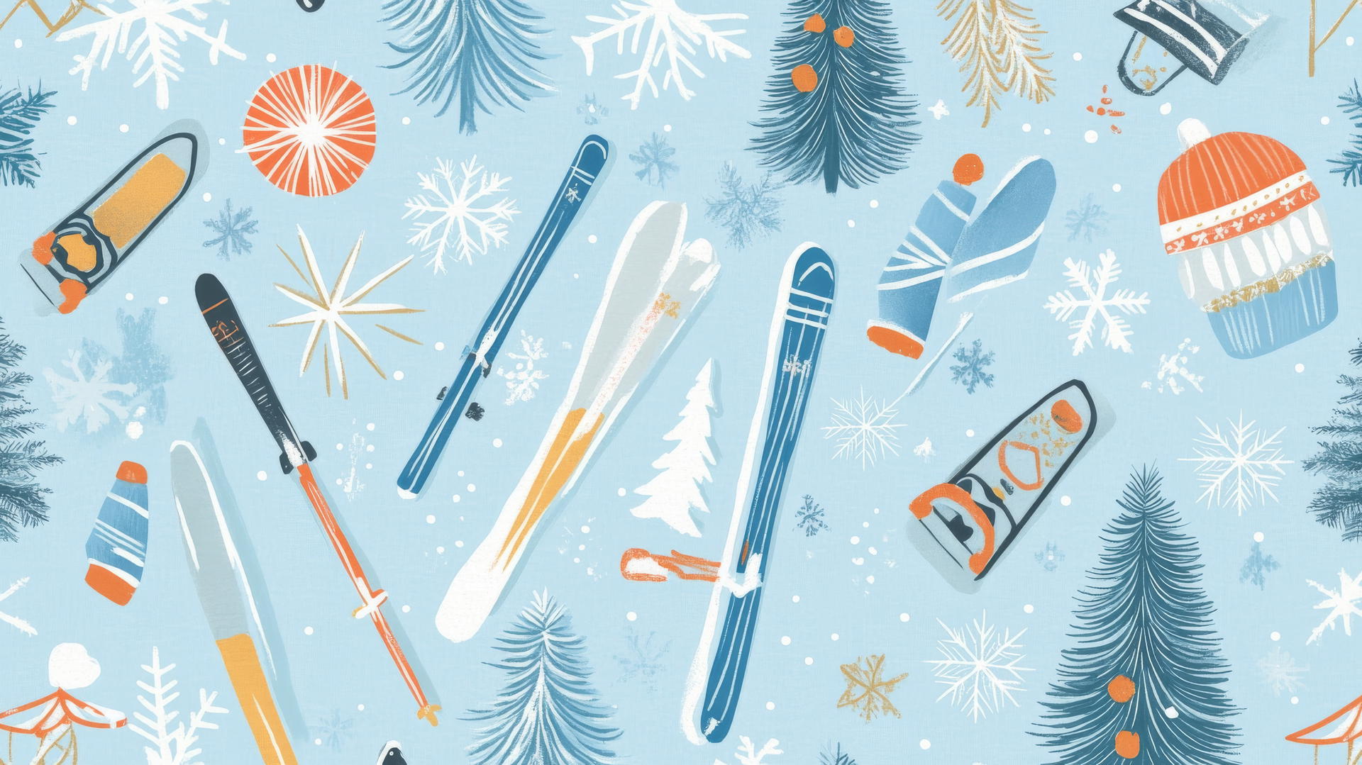 christmas wallpaper preppy with skiing equipment and snowflakes