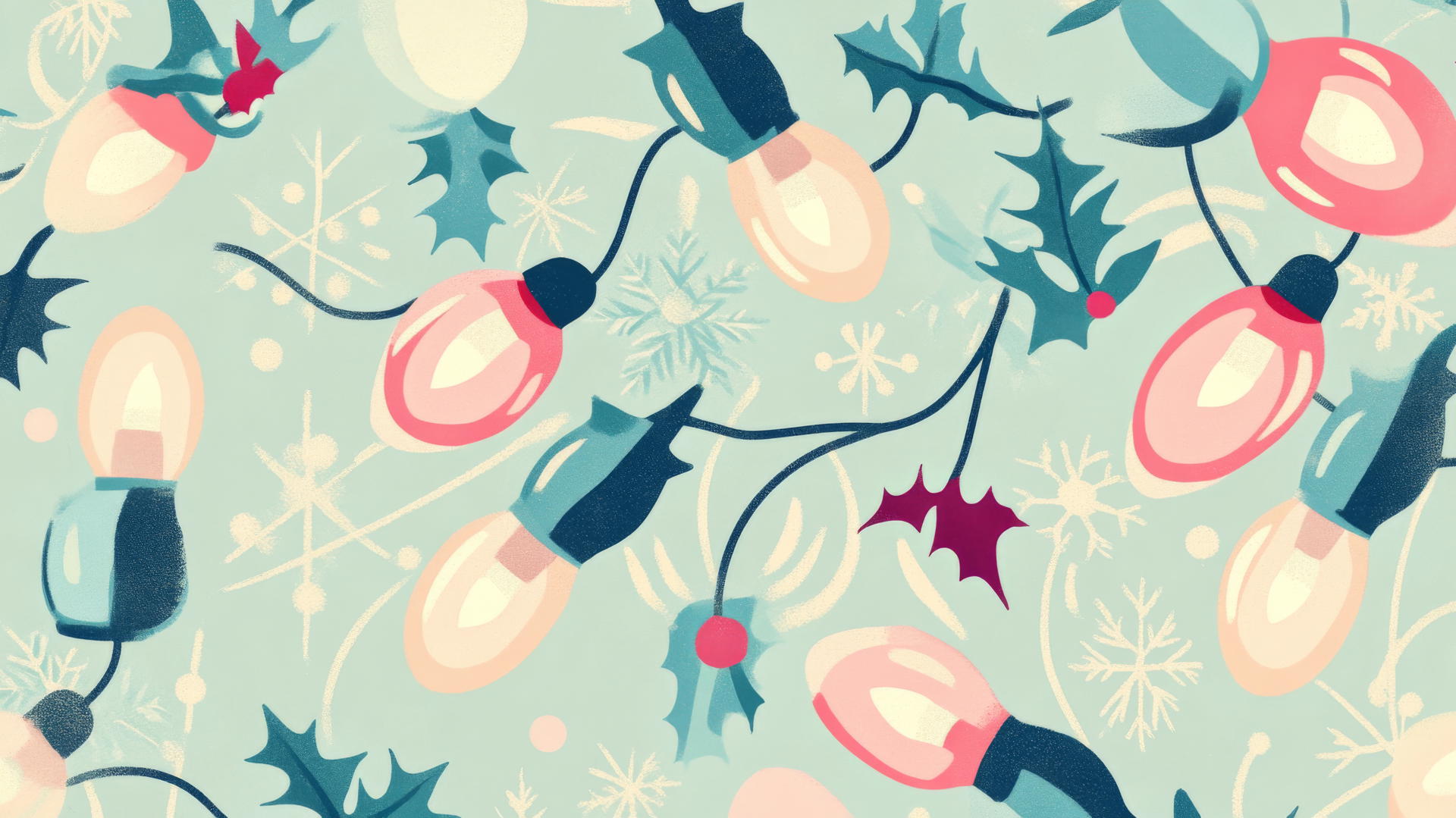 preppy Christmas wallpaper with retro pastel bulbs, holly, and snowflakes