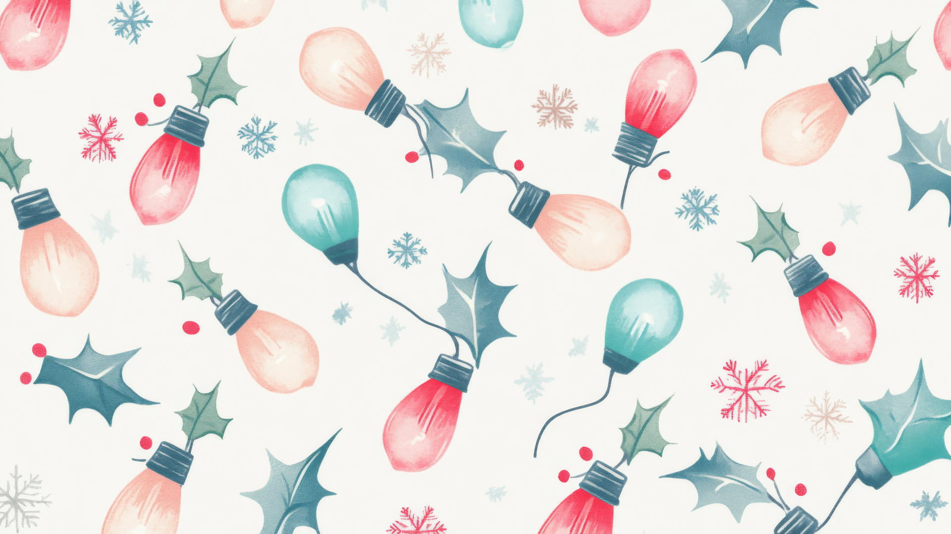 preppy Christmas wallpaper with retro-style light bulbs, holly, and snowflakes
